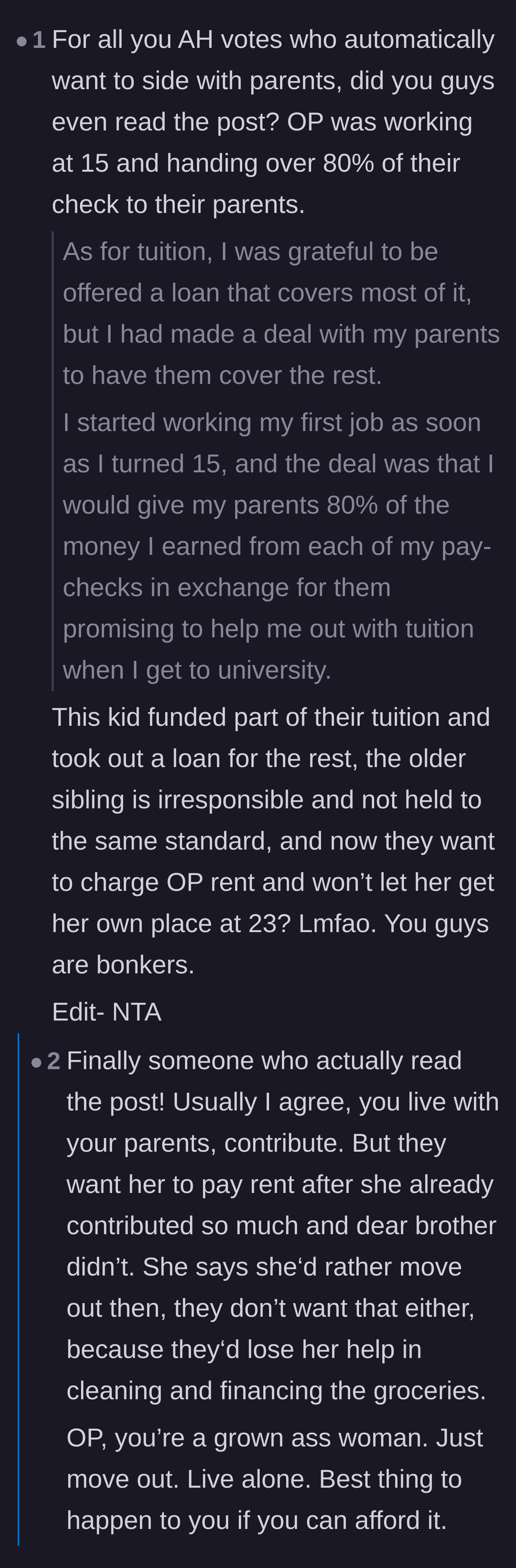 Comment thread 3 - Readers defending the author and highlighting her massive financial sacrifice since age fifteen.