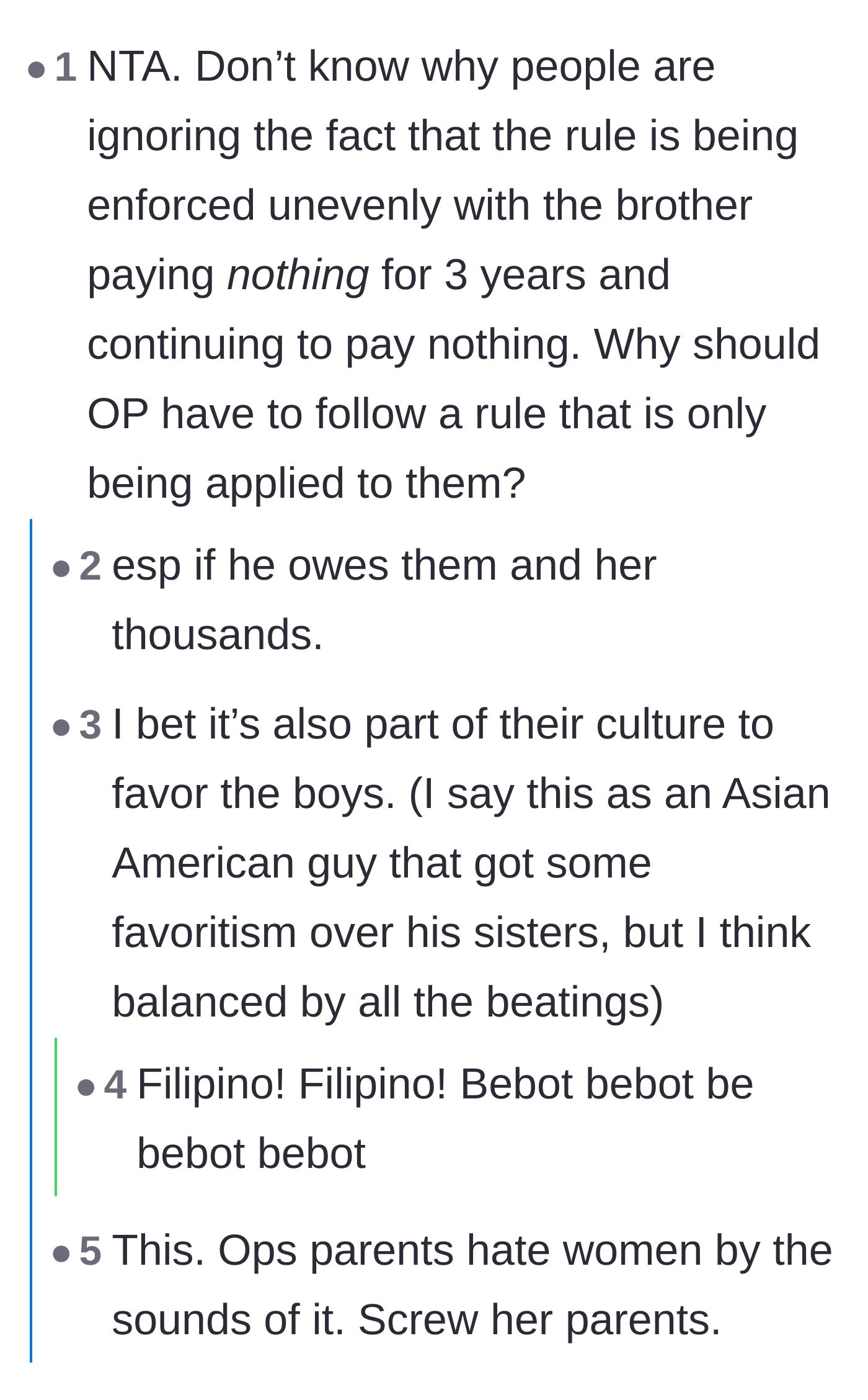 Comment thread 4 - A discussion about the blatant sexism and uneven rule enforcement favoring the older brother.