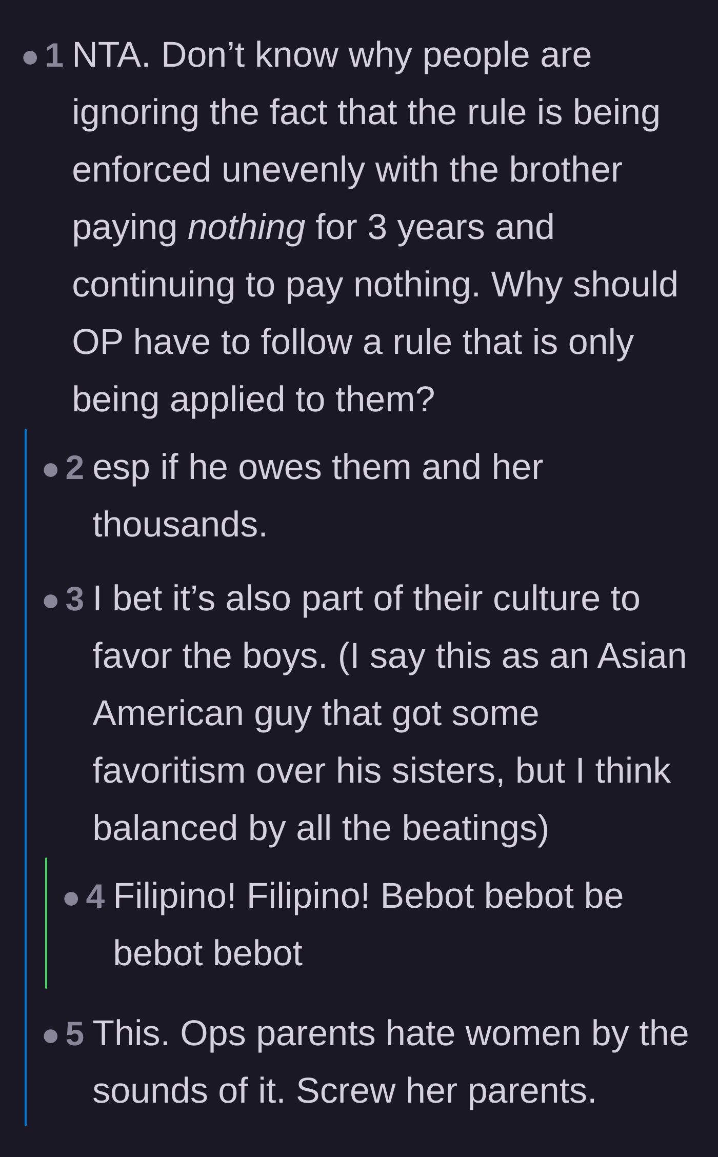 Comment thread 4 - A discussion about the blatant sexism and uneven rule enforcement favoring the older brother.