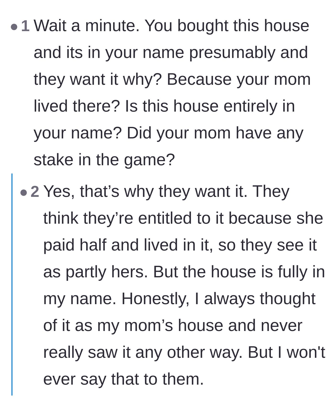 Comment thread 1 - Commenters break down the legal reality that the mother was a tenant and subtract the funeral costs from her hypothetical equity.