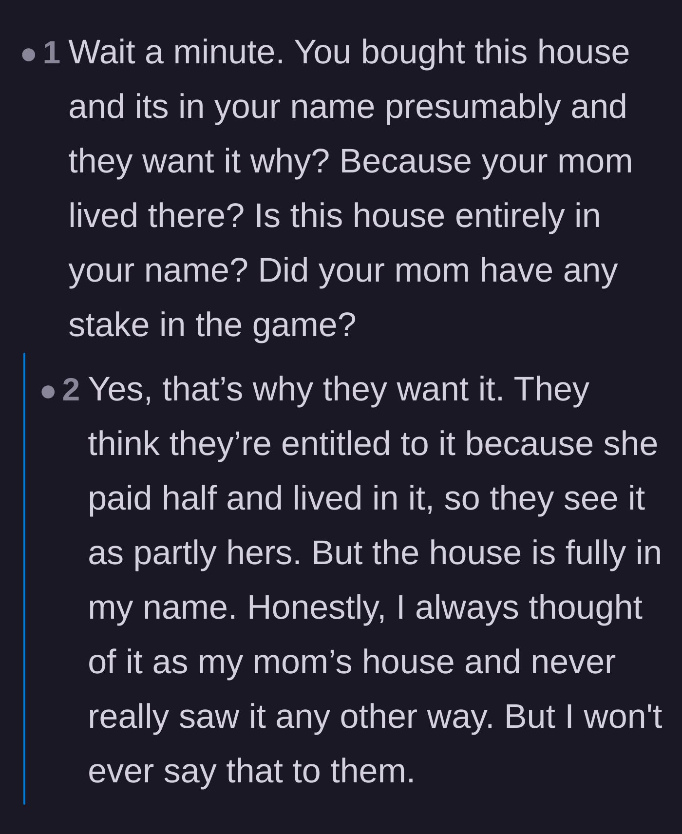 Comment thread 1 - Commenters break down the legal reality that the mother was a tenant and subtract the funeral costs from her hypothetical equity.