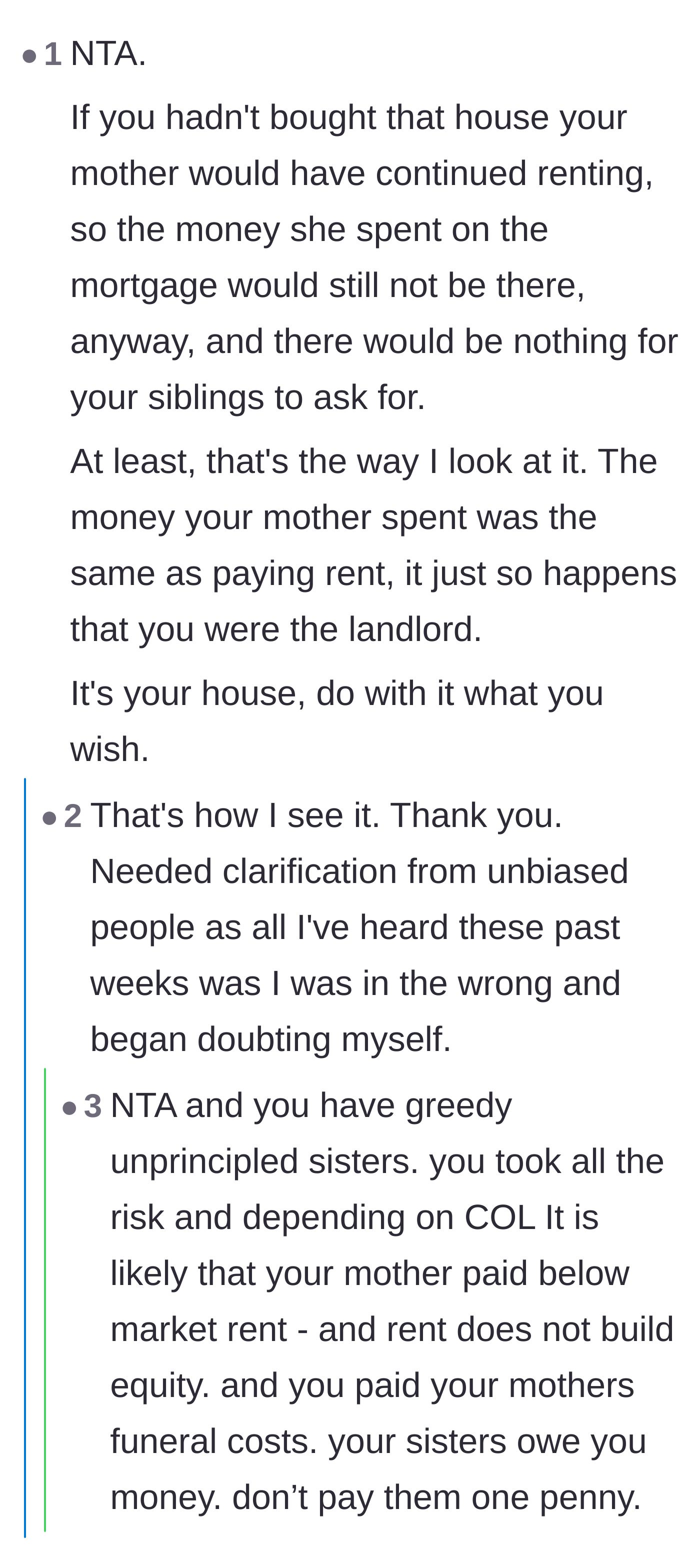 Comment thread 2 - A discussion pointing out that if the homeowner hadn't bought the house, the mother's rent money would have gone to a random landlord anyway.