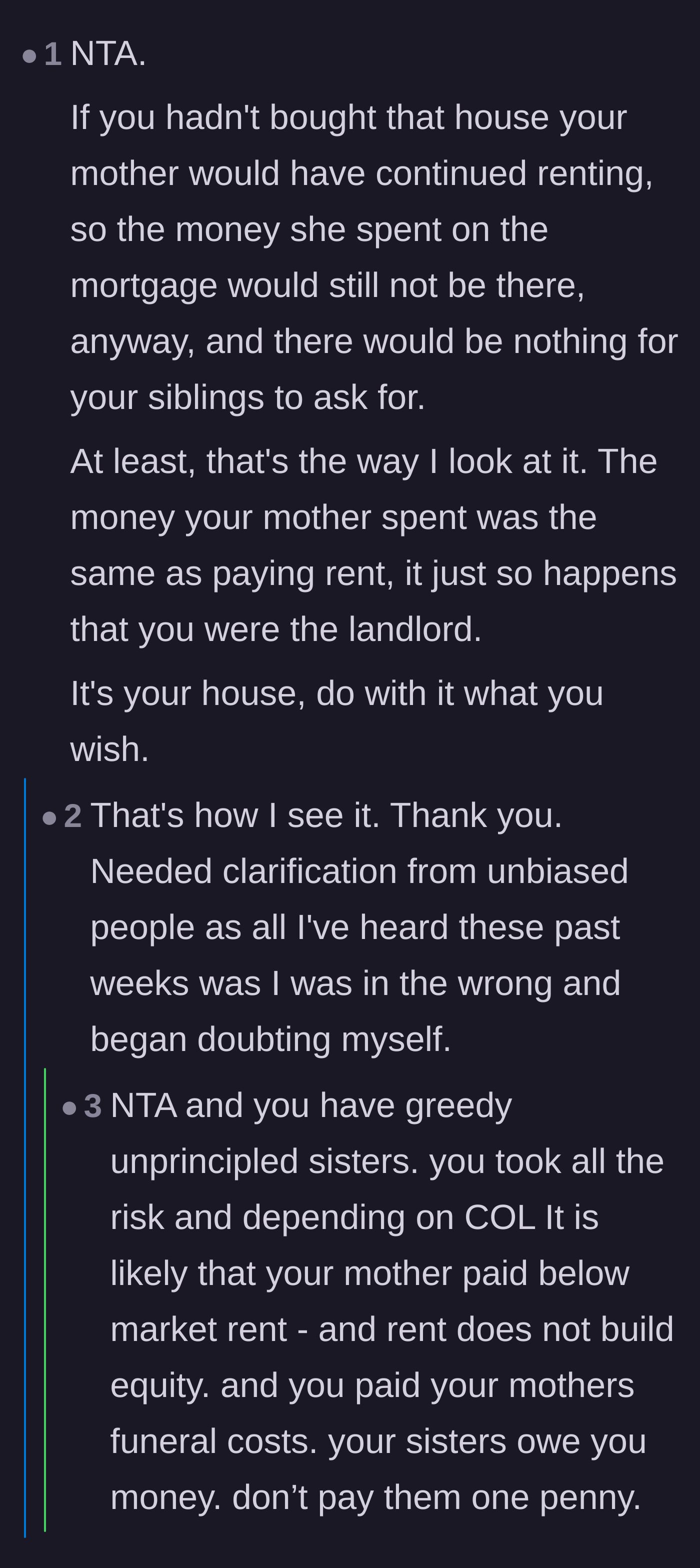 Comment thread 2 - A discussion pointing out that if the homeowner hadn't bought the house, the mother's rent money would have gone to a random landlord anyway.