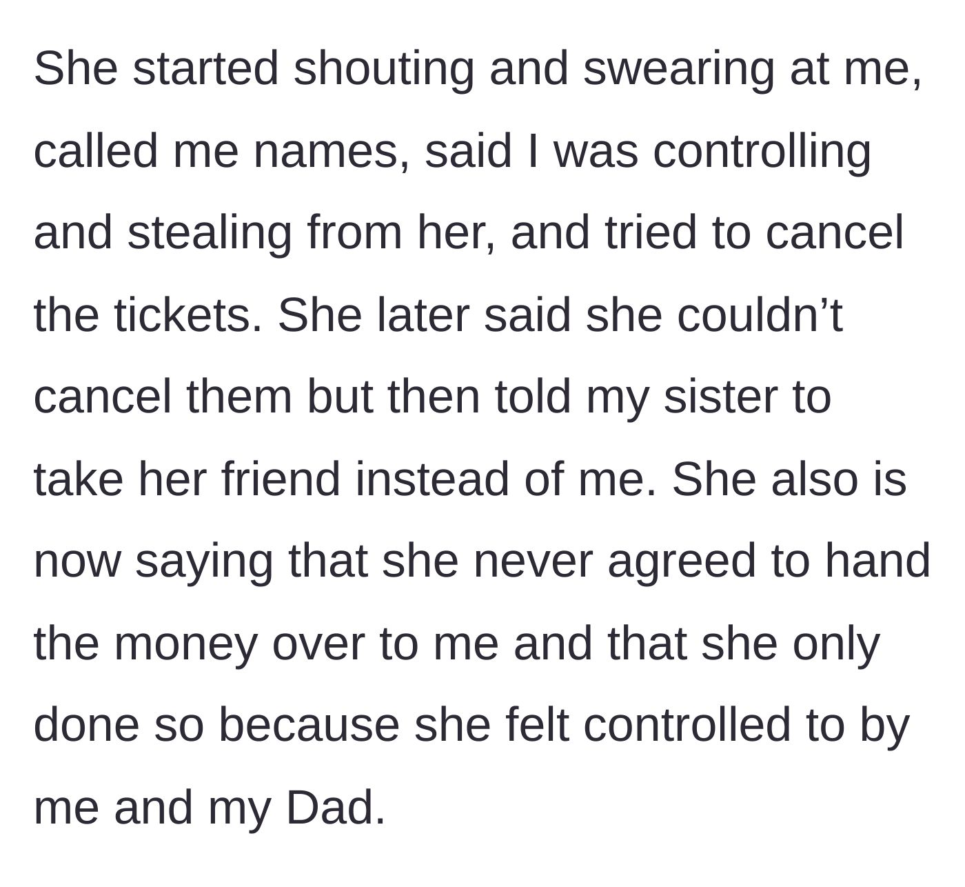 Story part 5 - The mother erupts into verbal abuse, attempts to cancel the trip, and tries to replace the main character on the trip.