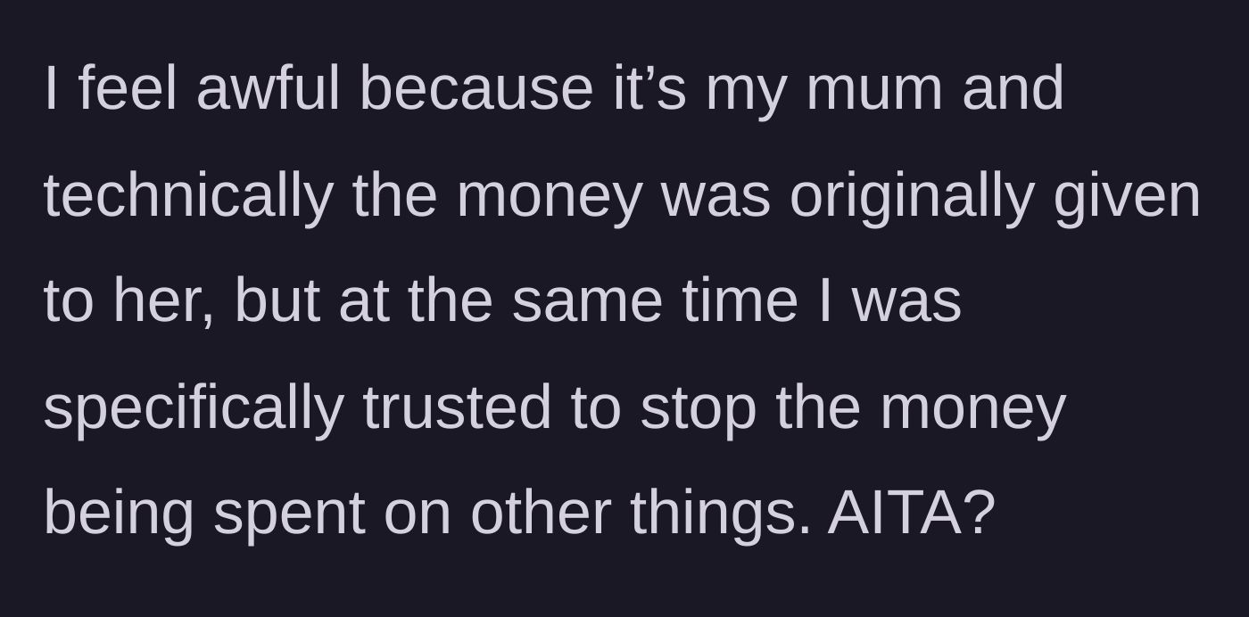 Story part 6 - The main character feels guilty, questioning if they were wrong to withhold the cash.