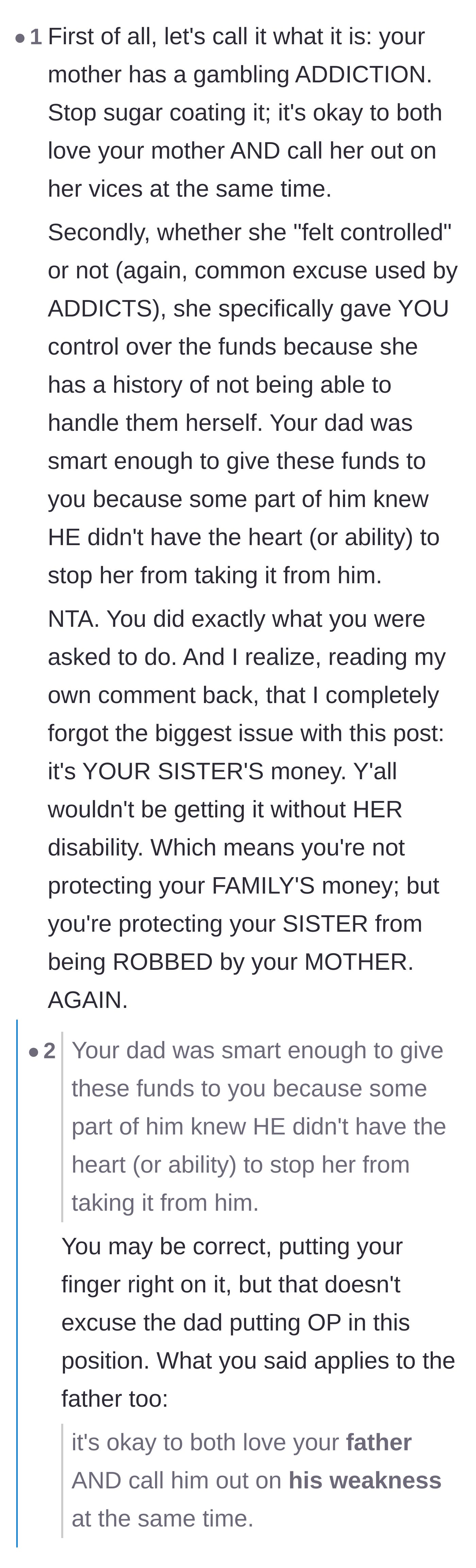 Comment thread 1 - A debate about the mother's gambling addiction and the father's refusal to protect his disabled daughter's funds.