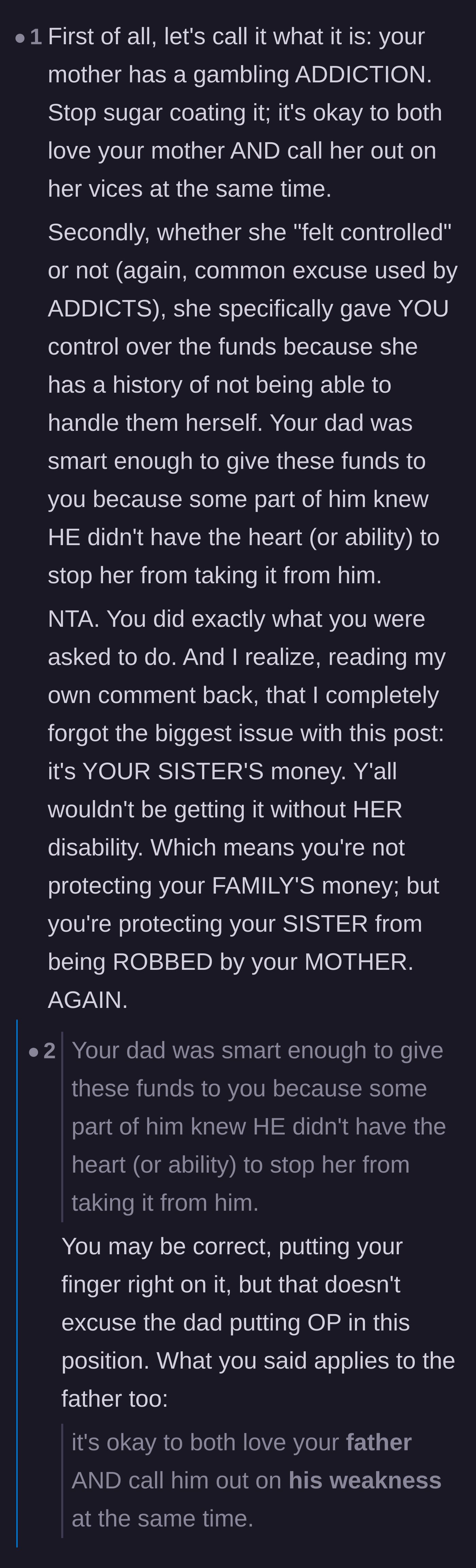 Comment thread 1 - A debate about the mother's gambling addiction and the father's refusal to protect his disabled daughter's funds.