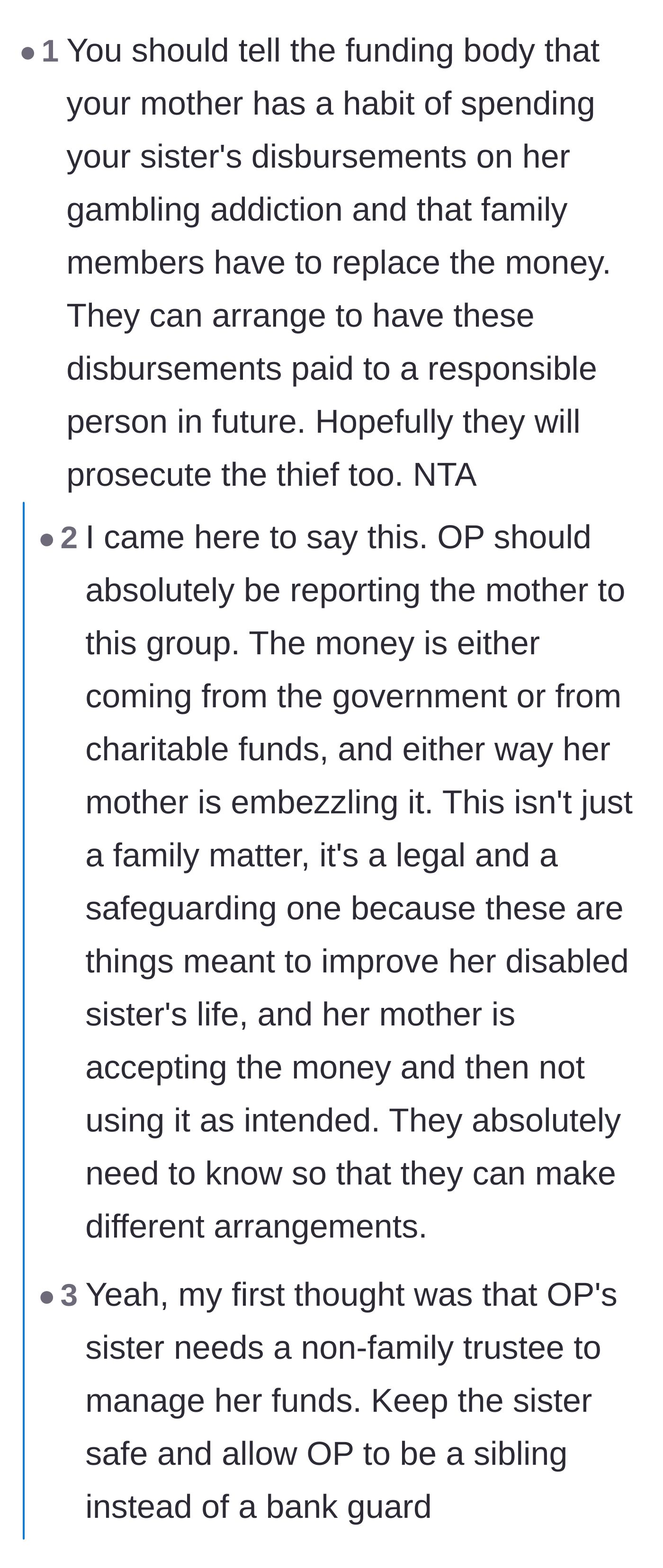 Comment thread 2 - Suggestions to report the mother's embezzlement directly to the charity providing the funds.