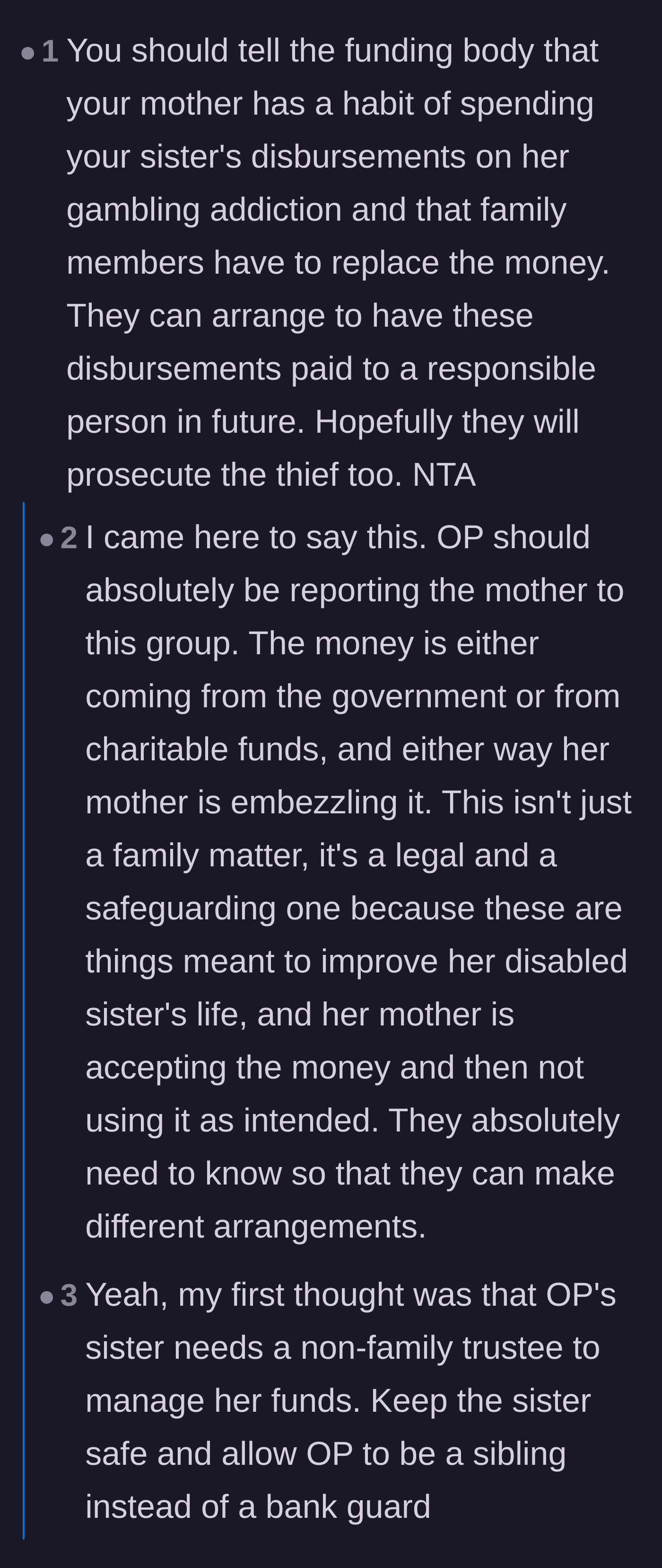 Comment thread 2 - Suggestions to report the mother's embezzlement directly to the charity providing the funds.