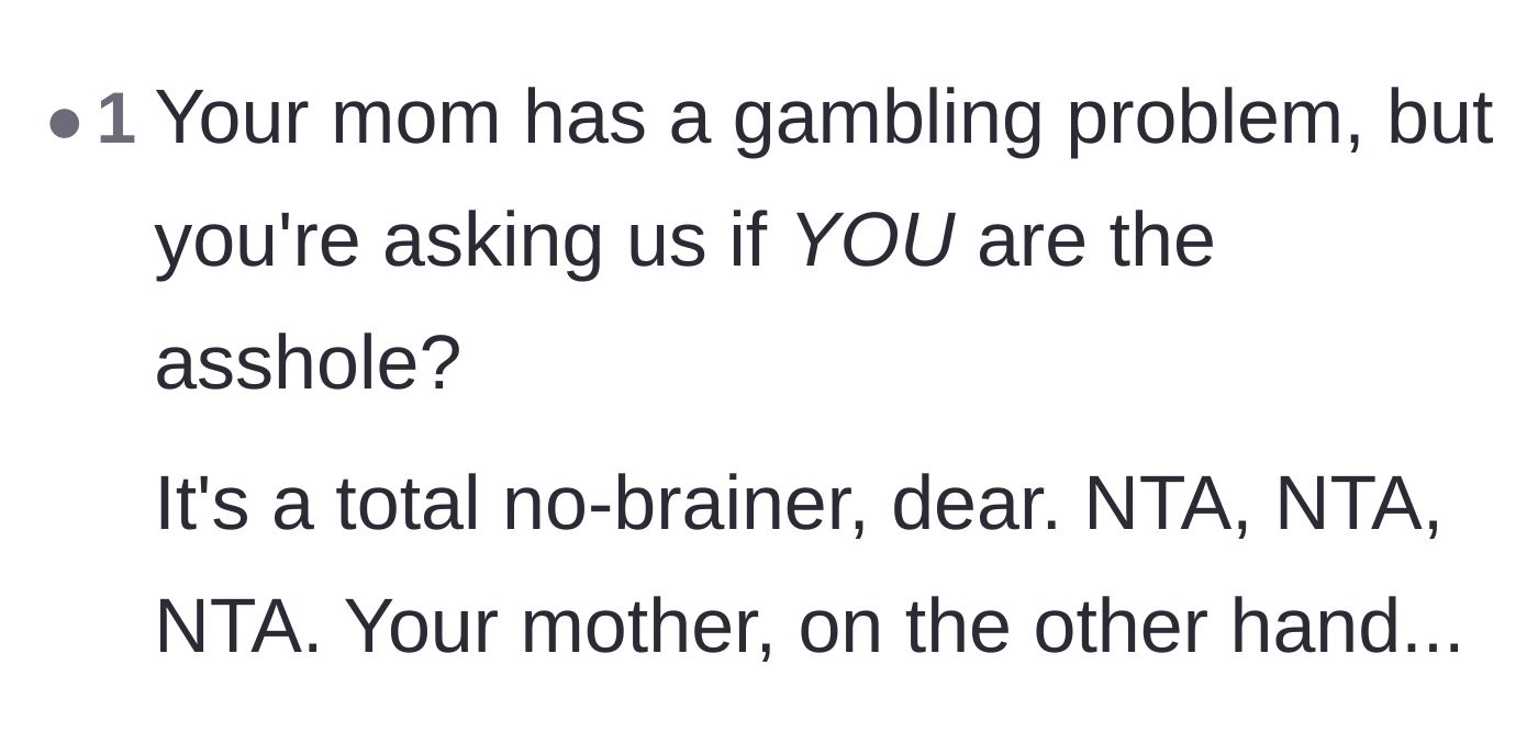 Comment thread 3 - Expressing disbelief that the main character feels guilty for stopping their mother's financial theft.
