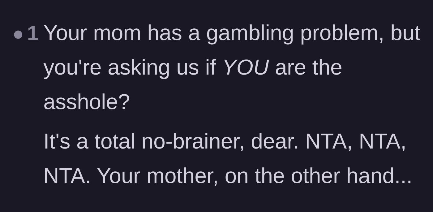 Comment thread 3 - Expressing disbelief that the main character feels guilty for stopping their mother's financial theft.