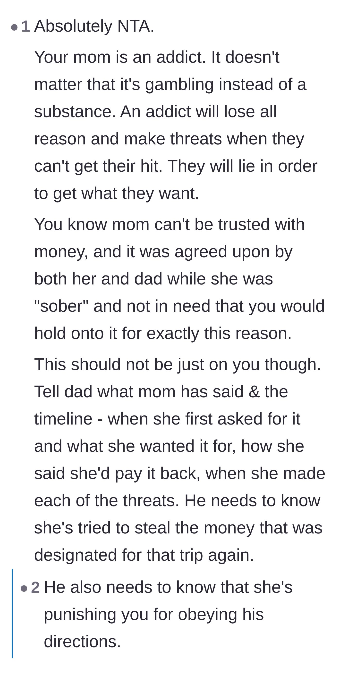Comment thread 4 - Comparing the mother's behavior to an addict seeking a fix and urging the main character to tell the father.
