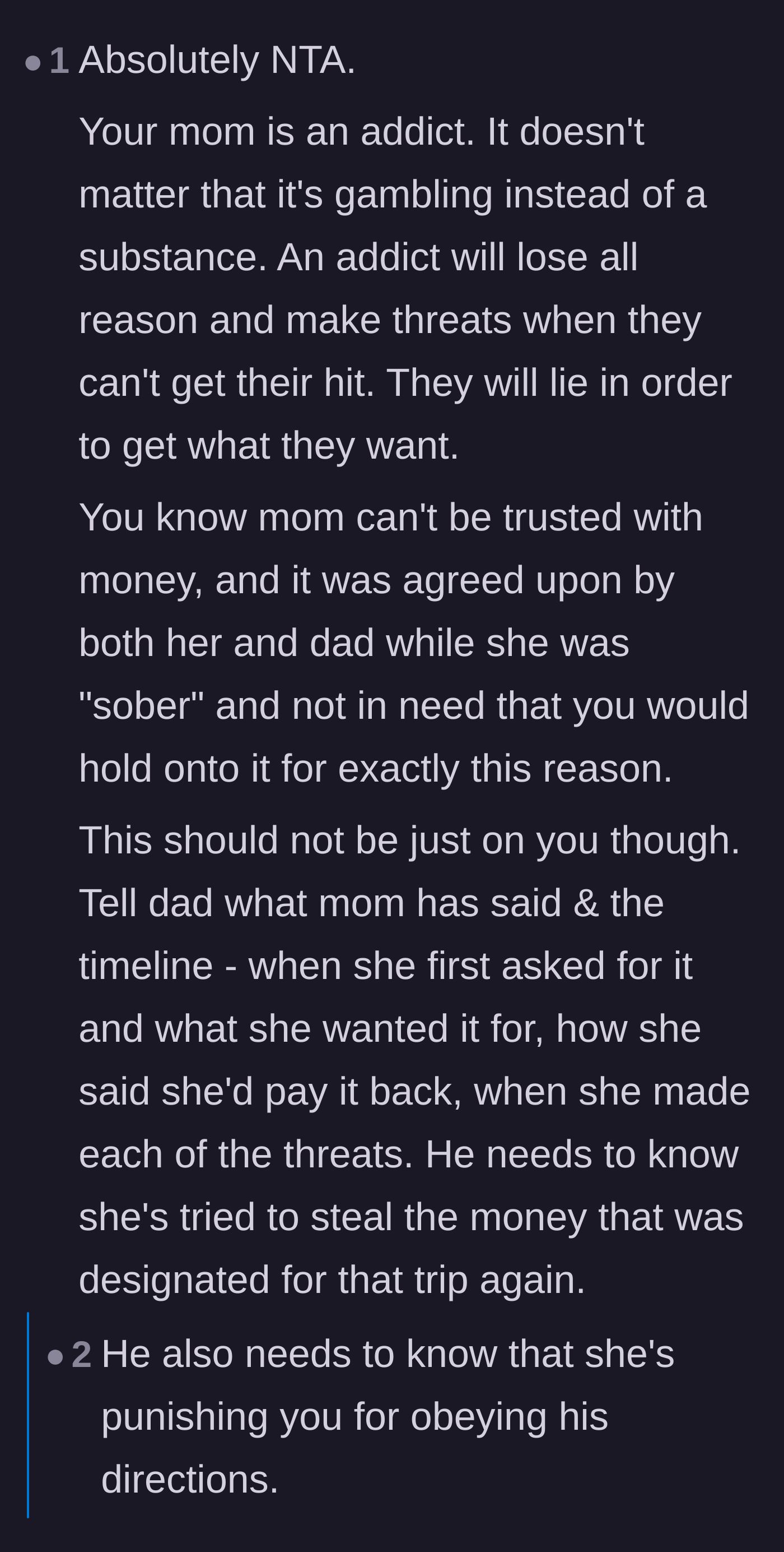 Comment thread 4 - Comparing the mother's behavior to an addict seeking a fix and urging the main character to tell the father.