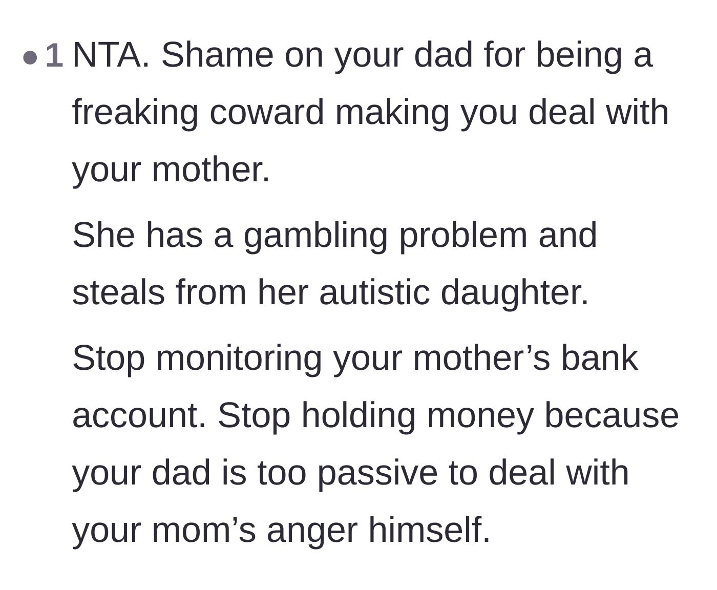 Comment thread 5 - Calling out the father as a coward for forcing his child to manage the mother's addiction.