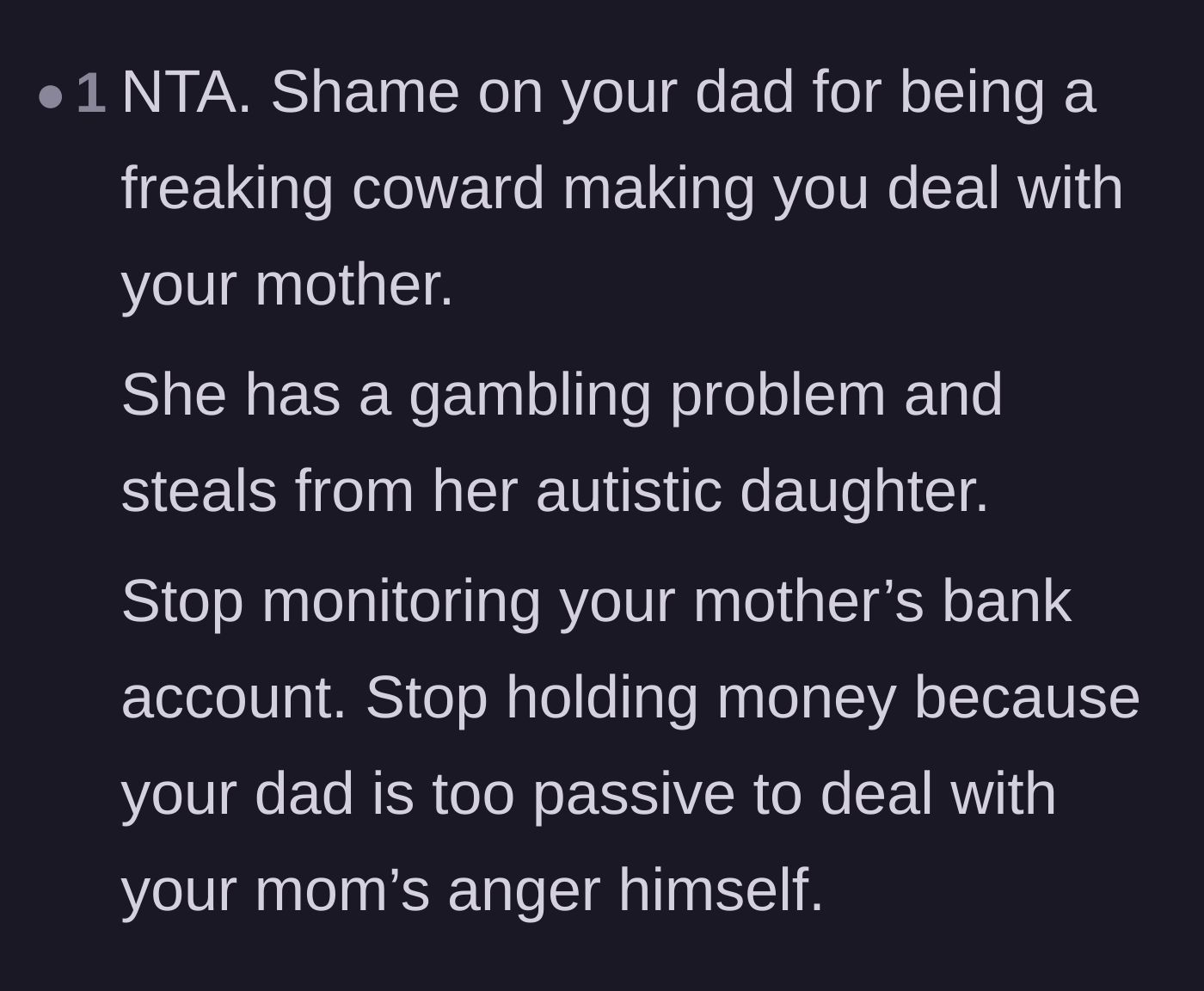 Comment thread 5 - Calling out the father as a coward for forcing his child to manage the mother's addiction.