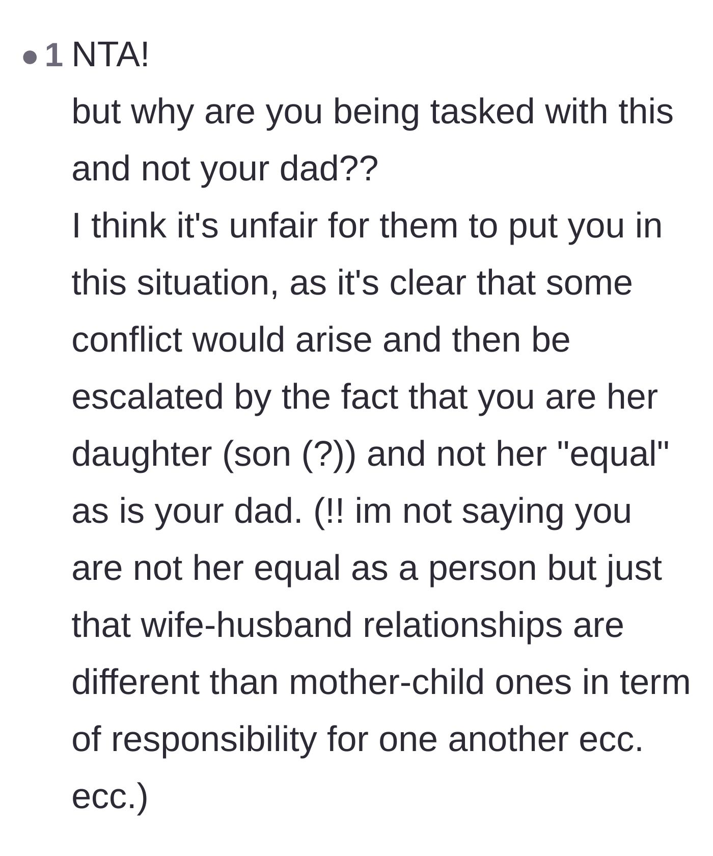 Comment thread 6 - Questioning why the burden of financial enforcement was placed on a child instead of the equal spouse.