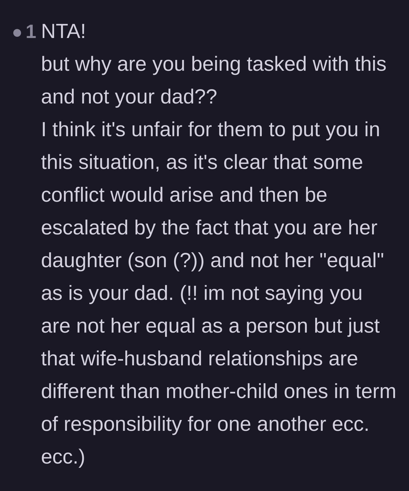 Comment thread 6 - Questioning why the burden of financial enforcement was placed on a child instead of the equal spouse.