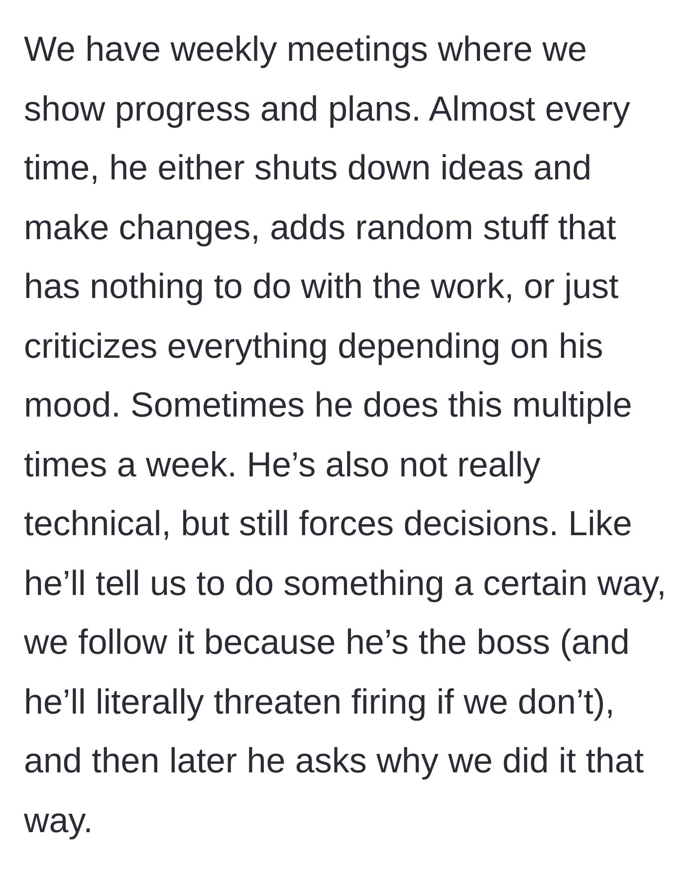 Story part 2 - The boss demands arbitrary changes without technical knowledge, then blames the team.