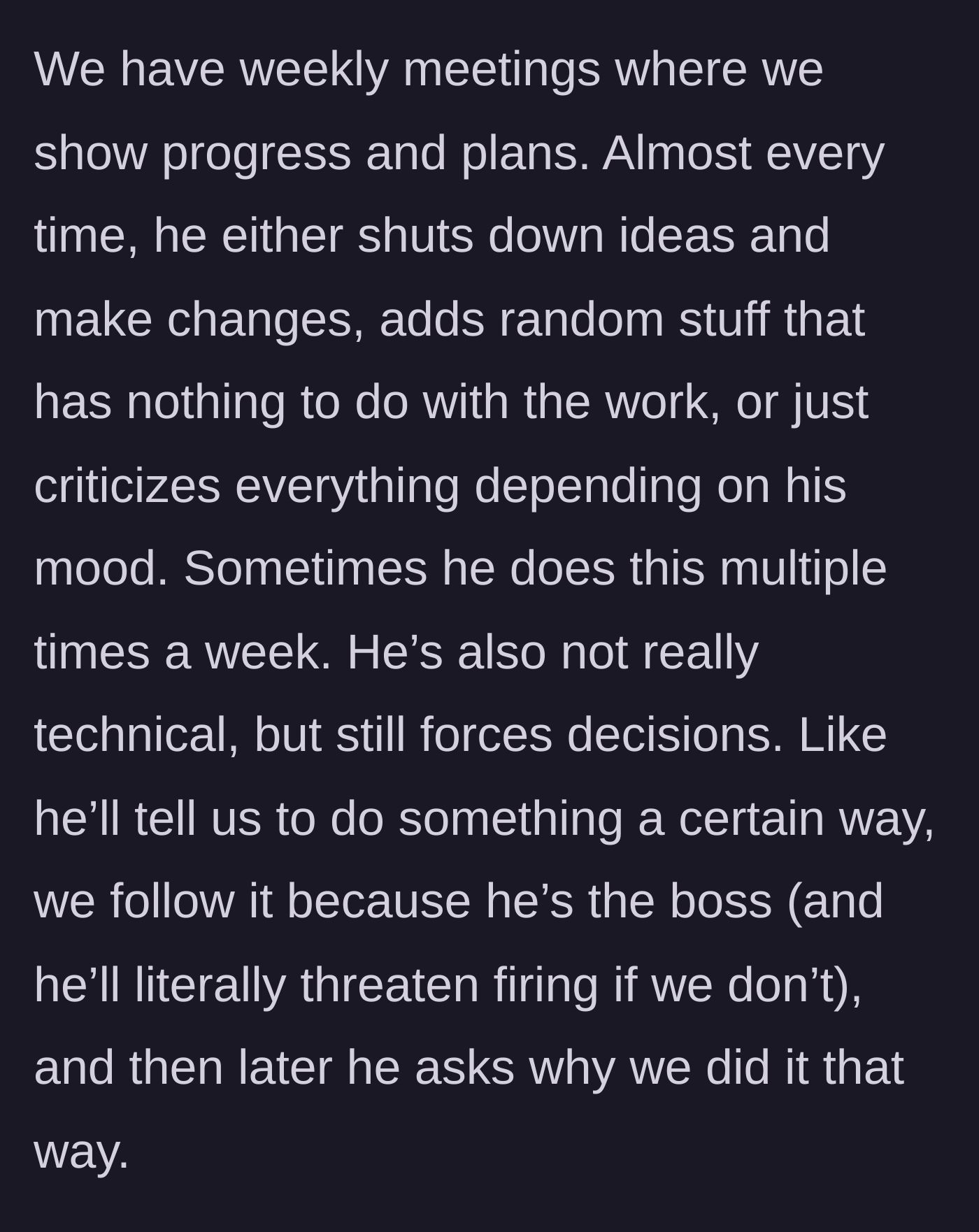 Story part 2 - The boss demands arbitrary changes without technical knowledge, then blames the team.