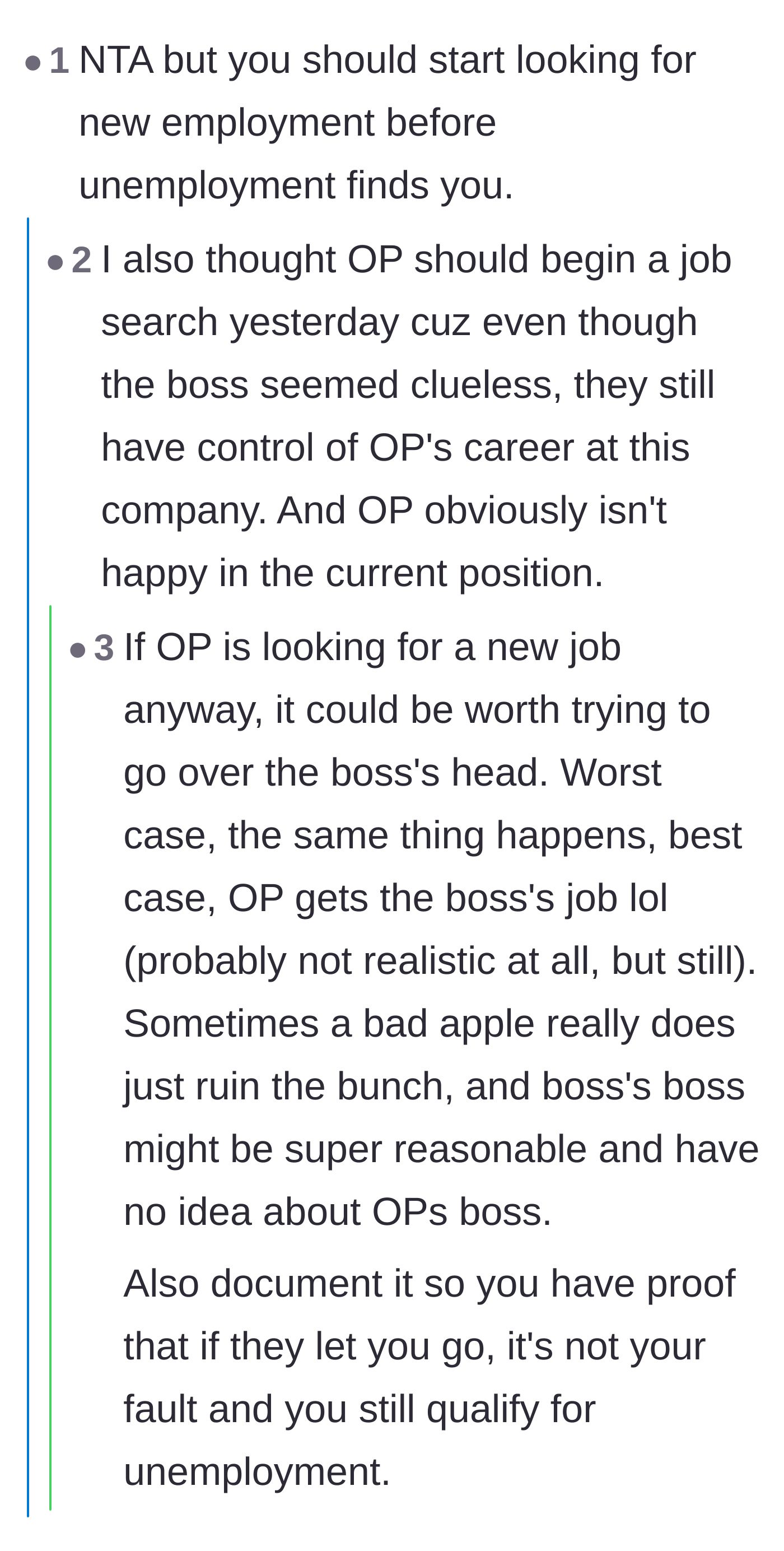 Comment thread 1 - Advice to find a new job and document everything before facing retaliation.