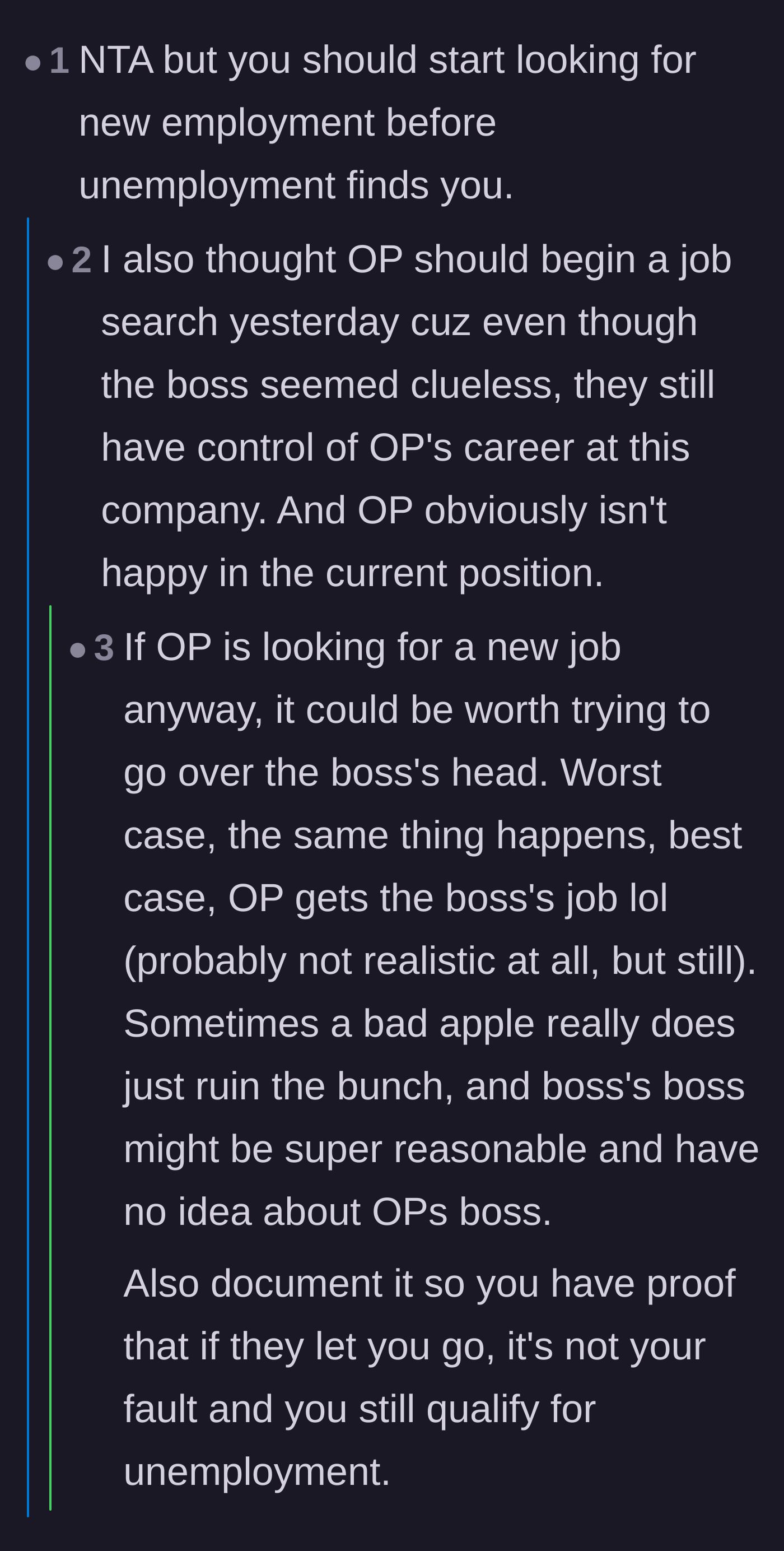 Comment thread 1 - Advice to find a new job and document everything before facing retaliation.