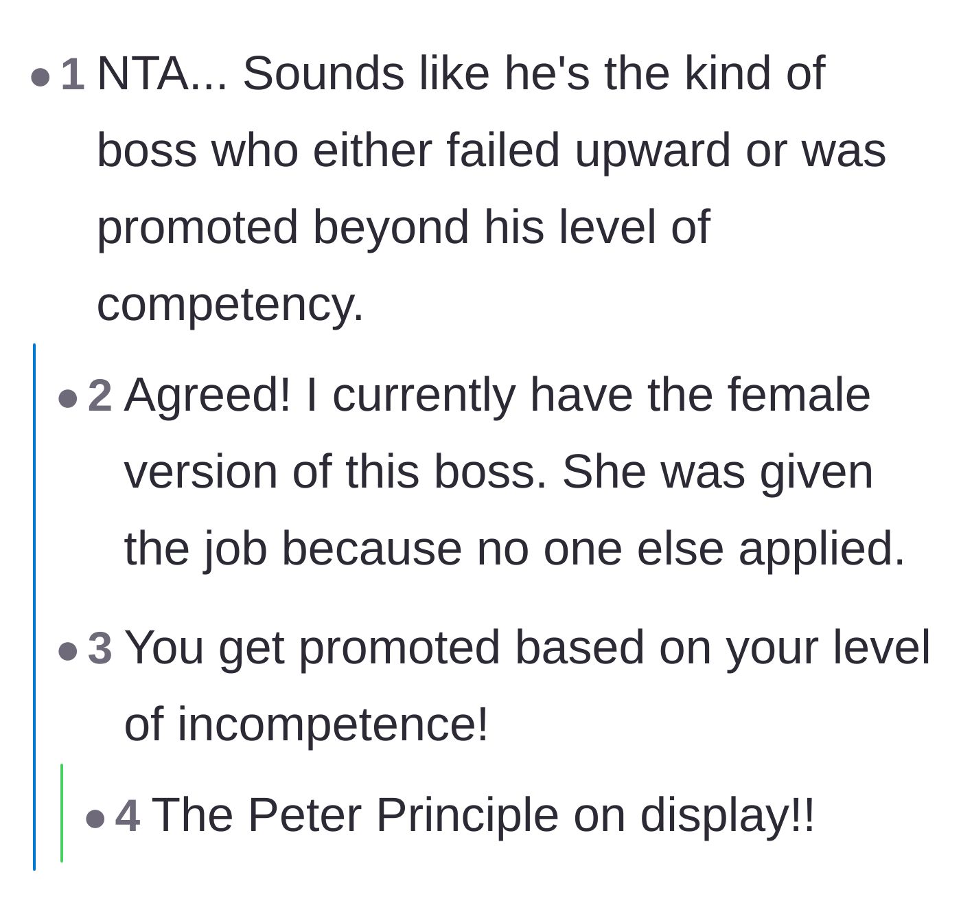 Comment thread 2 - Discussion about the Peter Principle and managers failing upward.