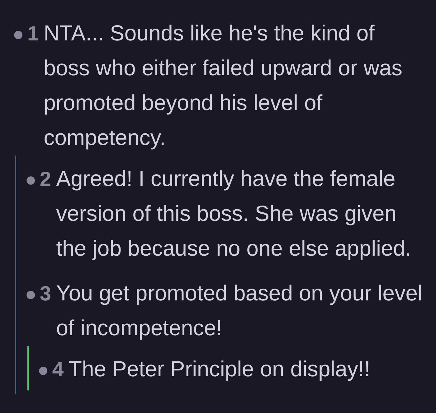Comment thread 2 - Discussion about the Peter Principle and managers failing upward.