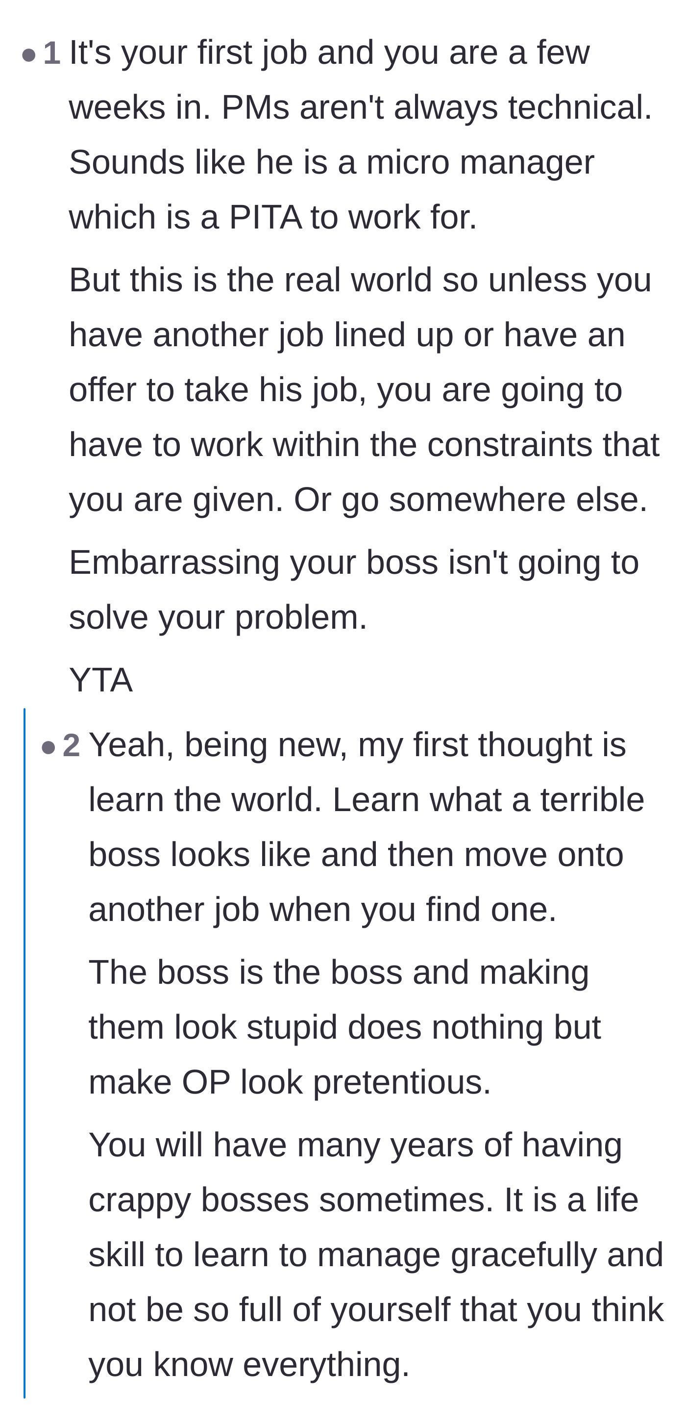 Comment thread 3 - Criticism of the engineer's ego and a reminder that managing bad bosses is a required life skill.