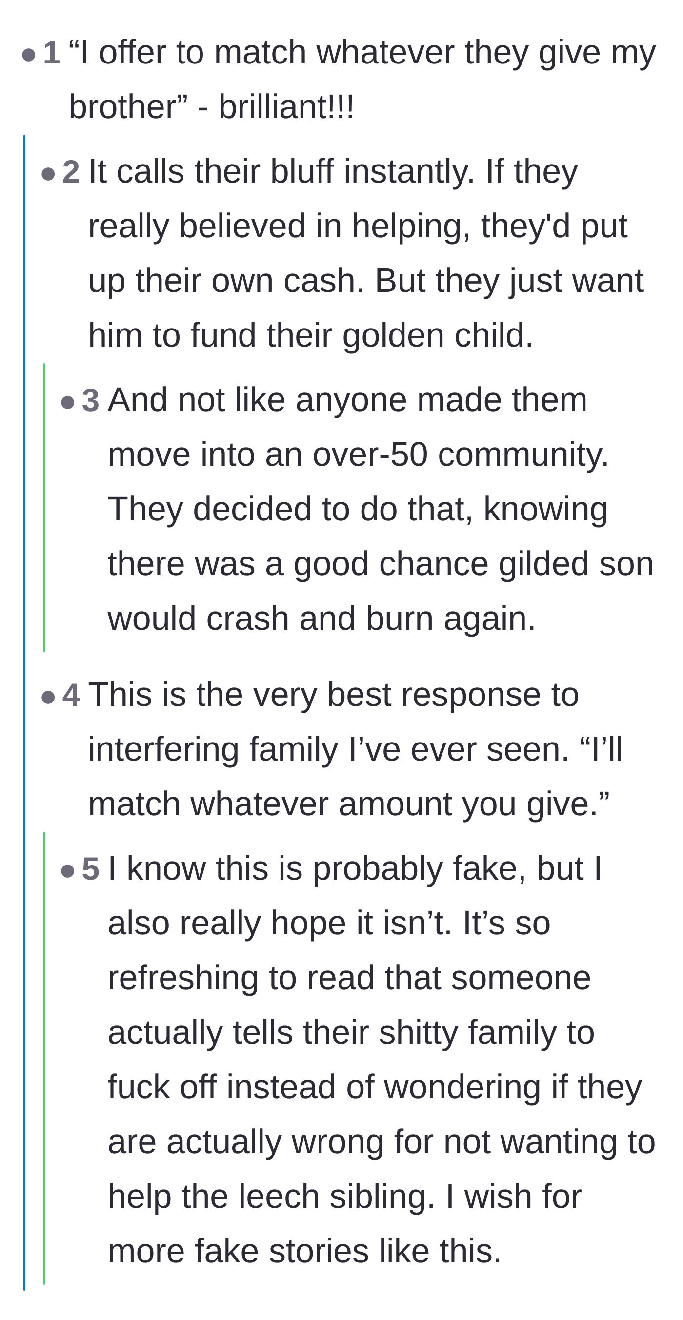 Comment thread 1 - Readers praising the narrator's strategy to match the family's financial contributions.