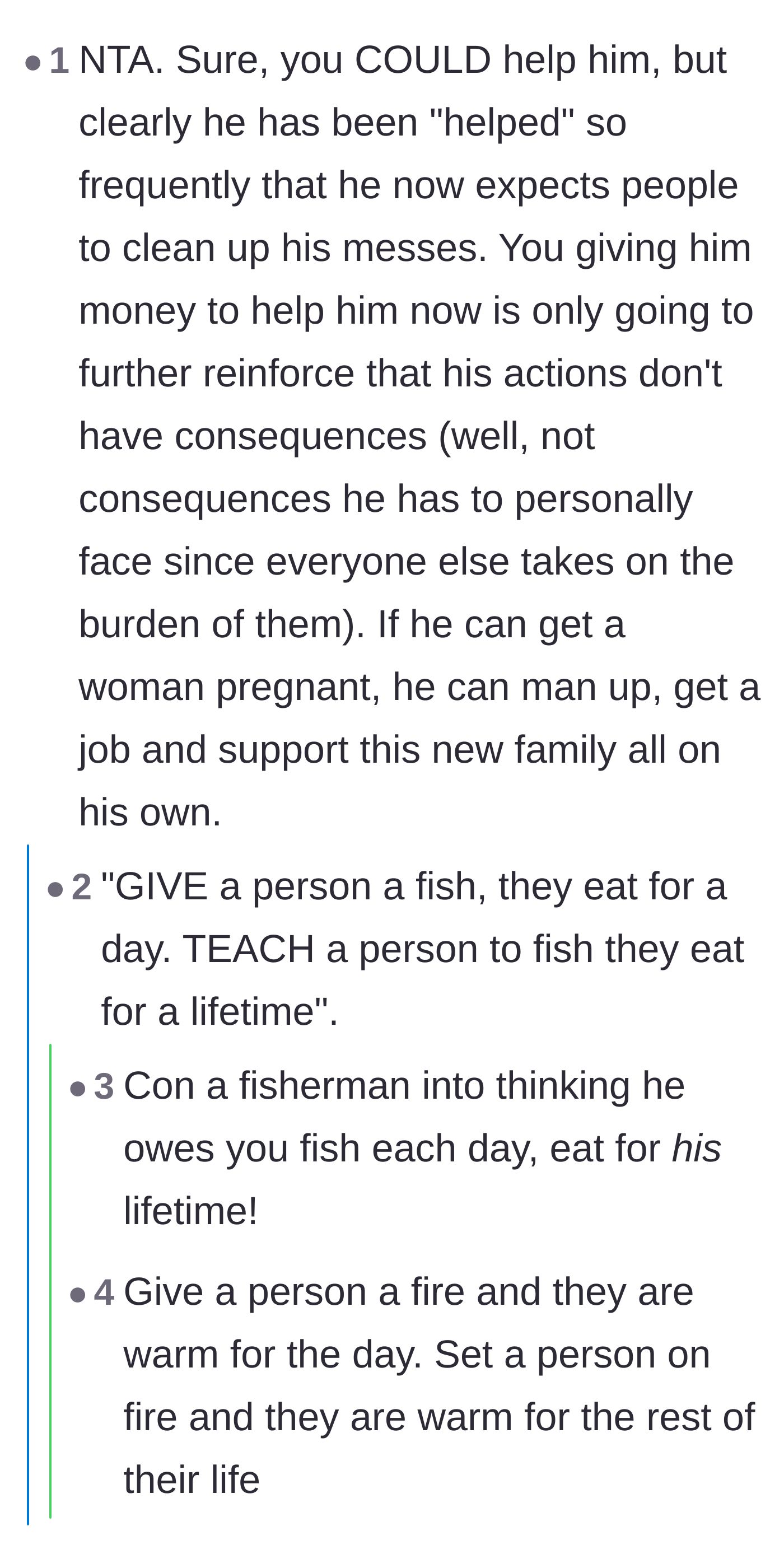 Comment thread 2 - A debate on the difference between helping someone and shielding them from the consequences of their actions.