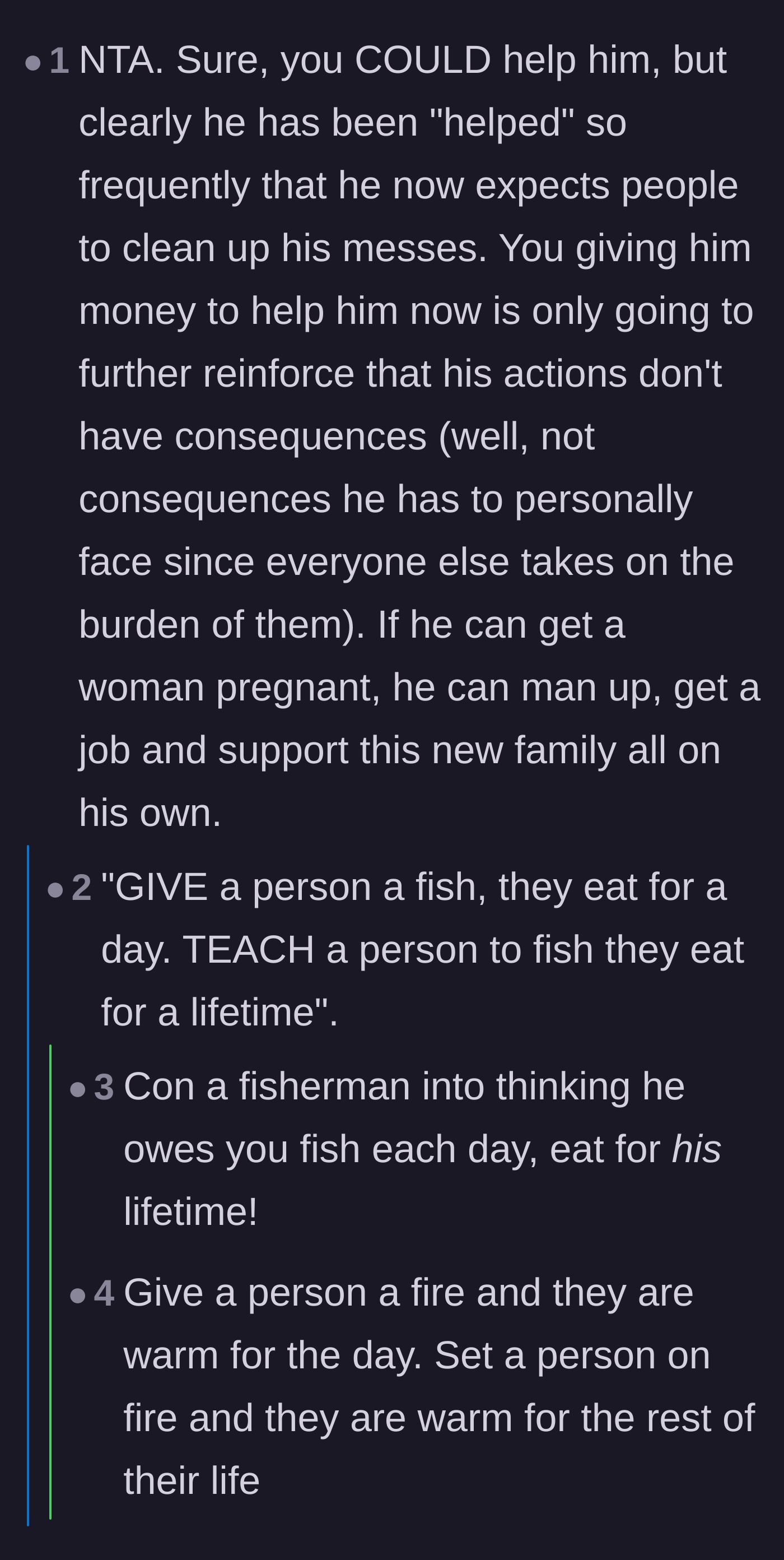 Comment thread 2 - A debate on the difference between helping someone and shielding them from the consequences of their actions.