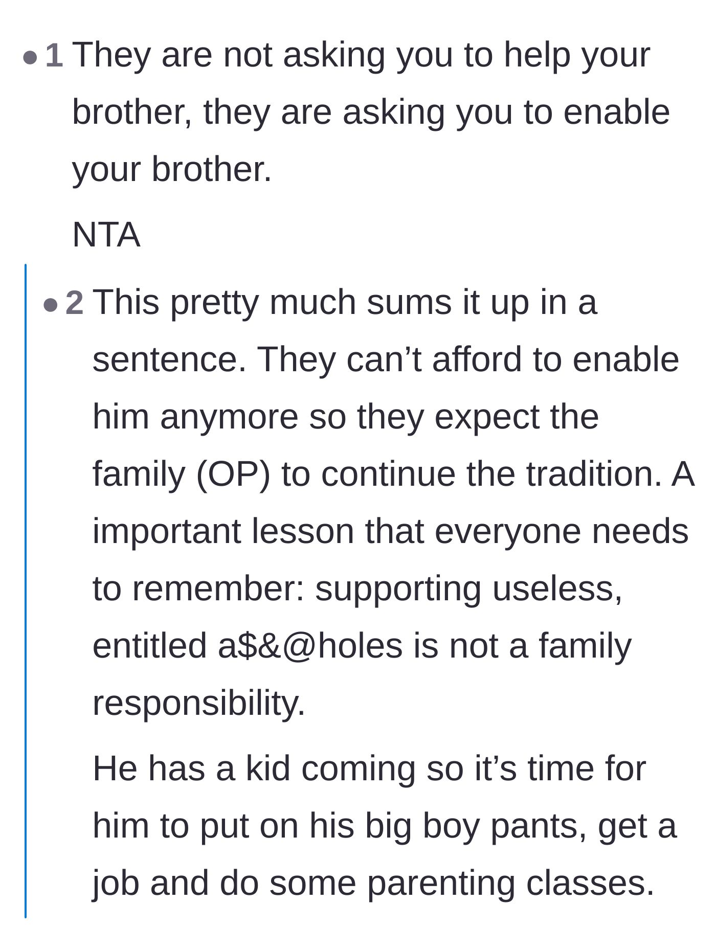Comment thread 3 - A discussion reframing the parents' demands as a request to enable bad behavior rather than provide genuine help.