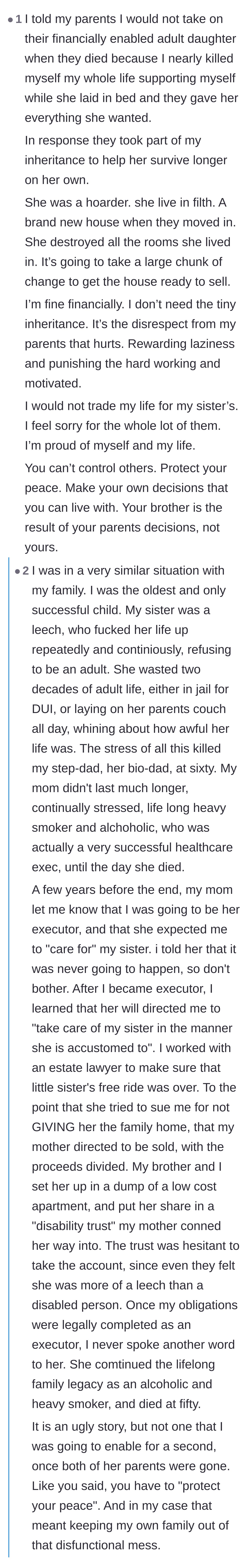 Comment thread 4 - Readers sharing personal stories of having to legally protect their assets from entitled, dependent siblings after their parents passed.