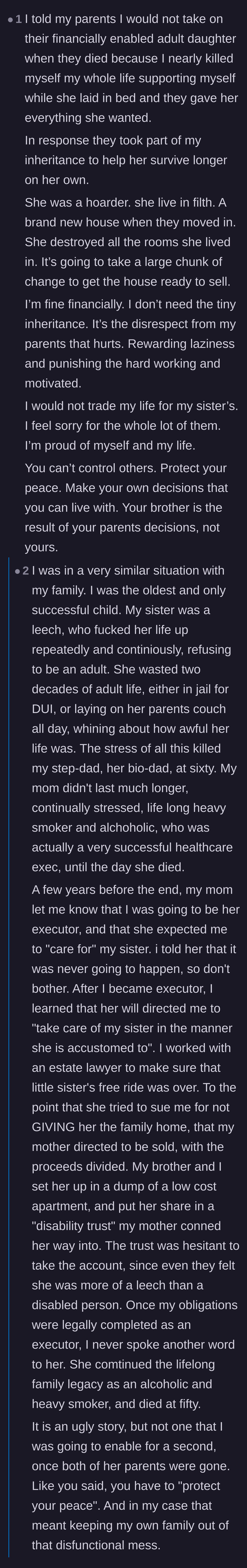 Comment thread 4 - Readers sharing personal stories of having to legally protect their assets from entitled, dependent siblings after their parents passed.