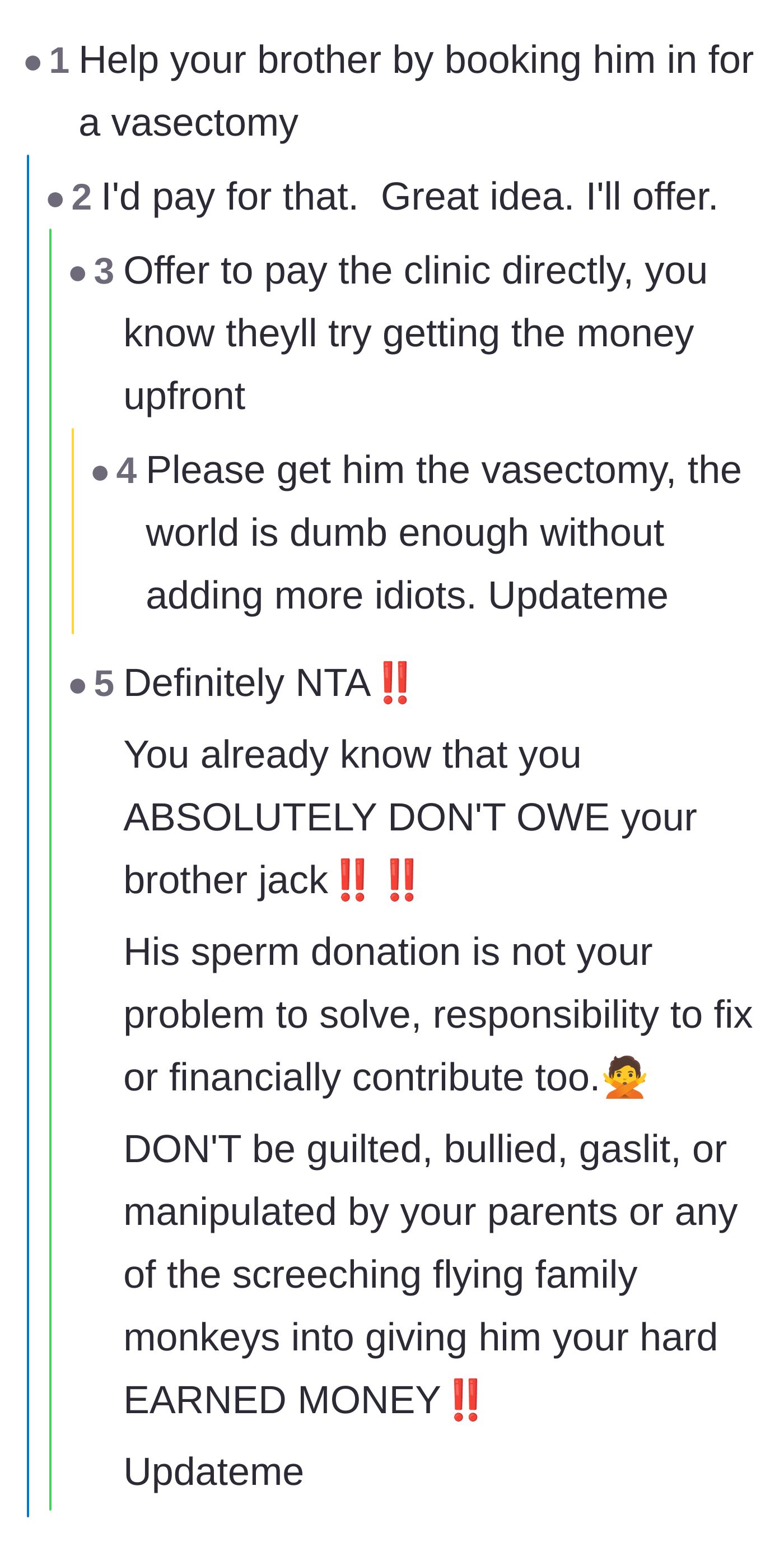 Comment thread 6 - Commenters bluntly suggesting the only financial support the brother should receive is a fully funded vasectomy.