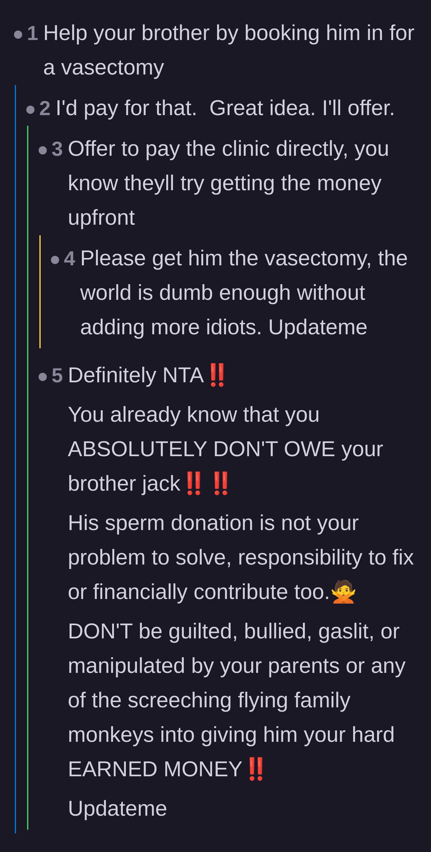 Comment thread 6 - Commenters bluntly suggesting the only financial support the brother should receive is a fully funded vasectomy.