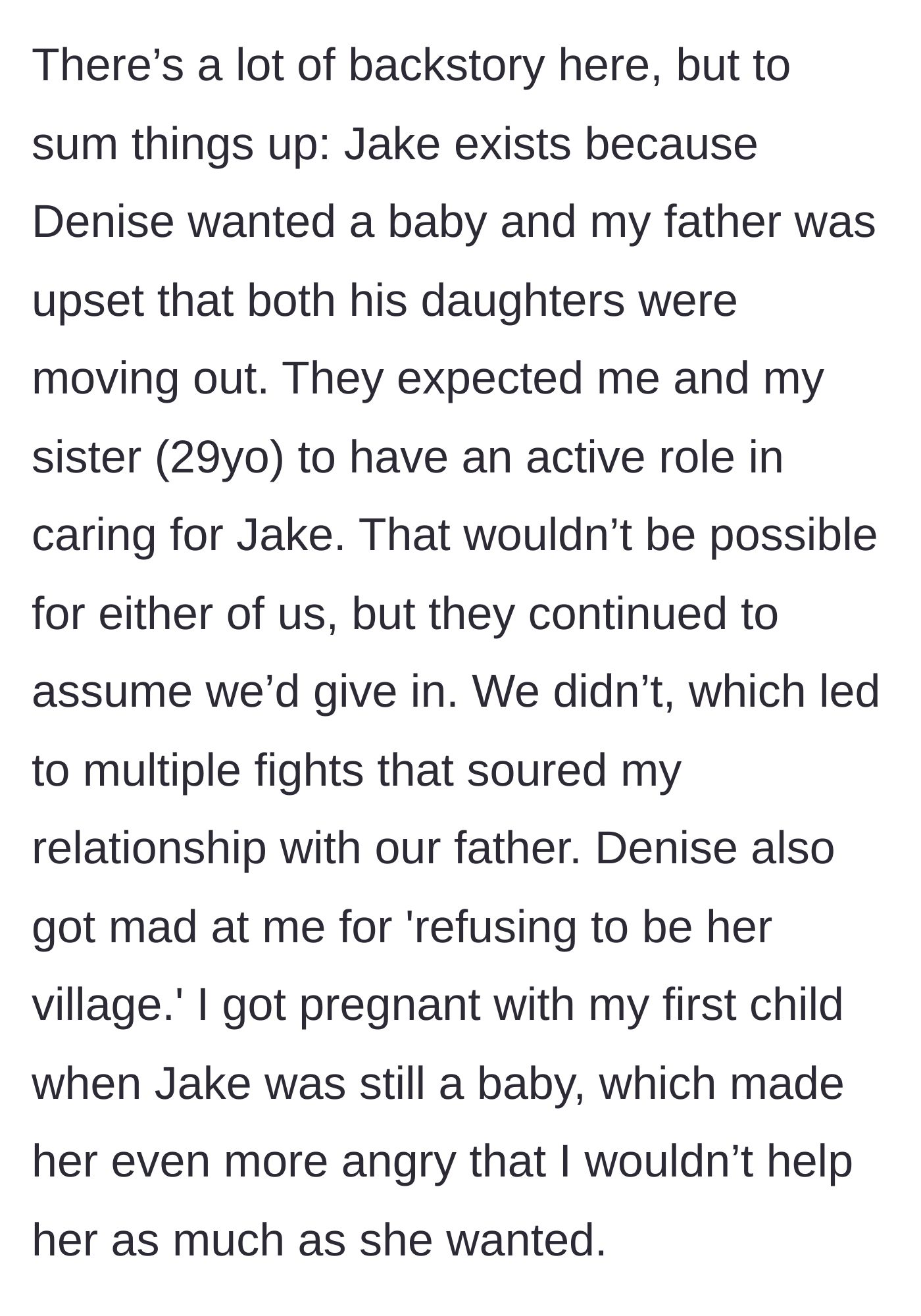 Story part 2 - Backstory explaining Jake was born to cure empty nest syndrome, with the expectation that the older sisters would help raise him, which they refused.