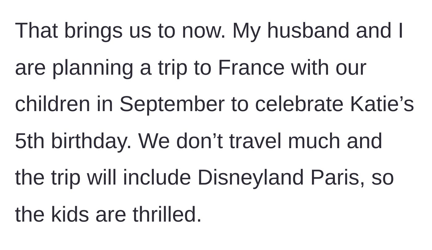 Story part 5 - The author and her husband plan a special family trip to Disneyland Paris for their daughter's 5th birthday.