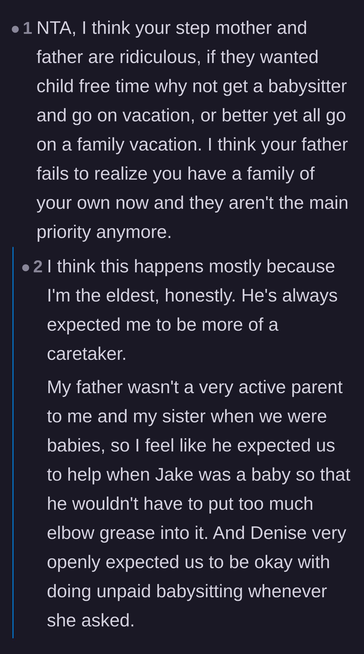Comment thread 1 - Discussion about the father expecting his eldest daughter to do the heavy lifting of child-rearing.