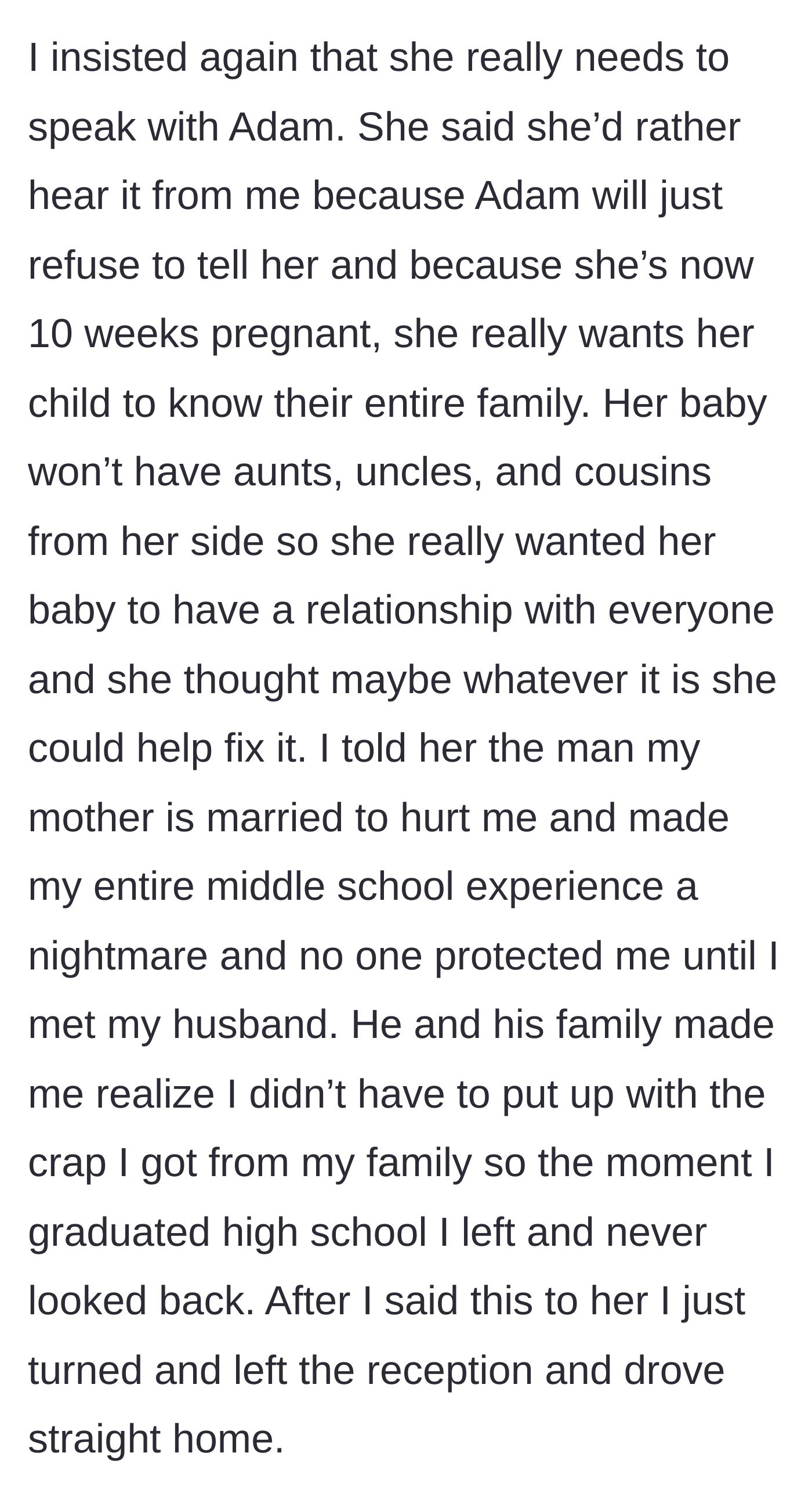 Story part 3 - The sister reveals the painful truth about her stepfather's abuse to the pregnant sister-in-law.