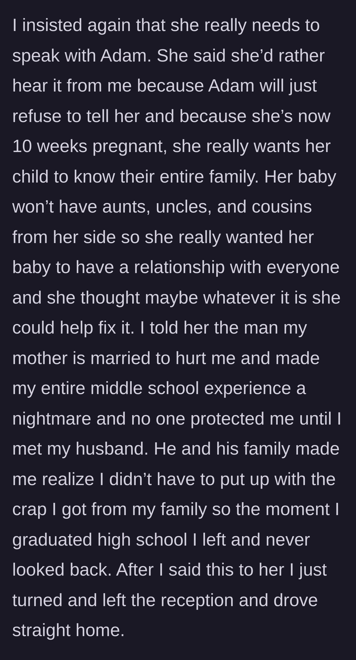 Story part 3 - The sister reveals the painful truth about her stepfather's abuse to the pregnant sister-in-law.
