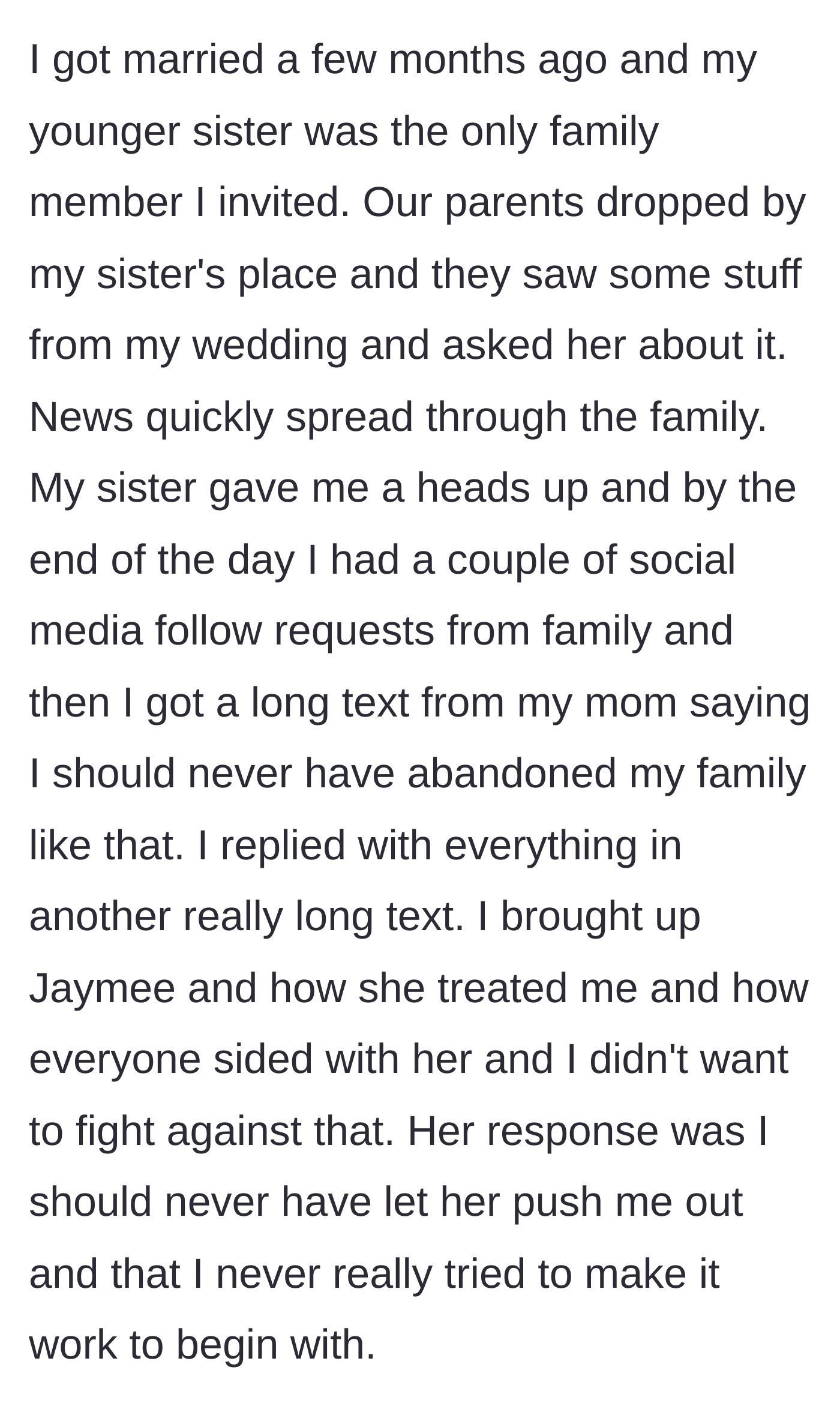 Story part 6 - The woman gets married, inviting only her loyal younger sister, leading to a confrontation with her mother who blames her entirely for abandoning the family.
