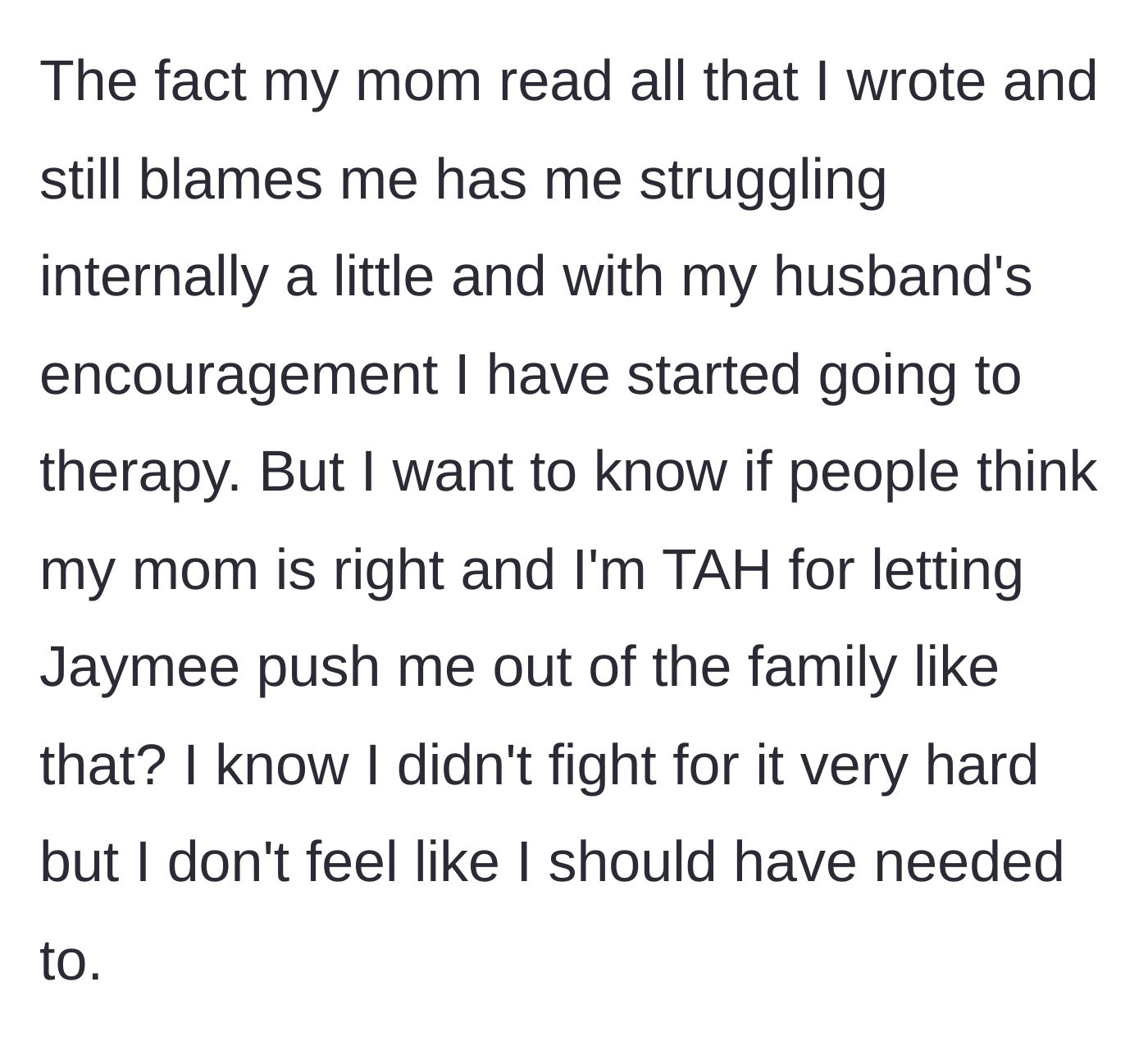 Story part 8 - With her husband's support, the woman begins therapy but struggles with internalized guilt, wondering if she should have fought harder for her place in the family.