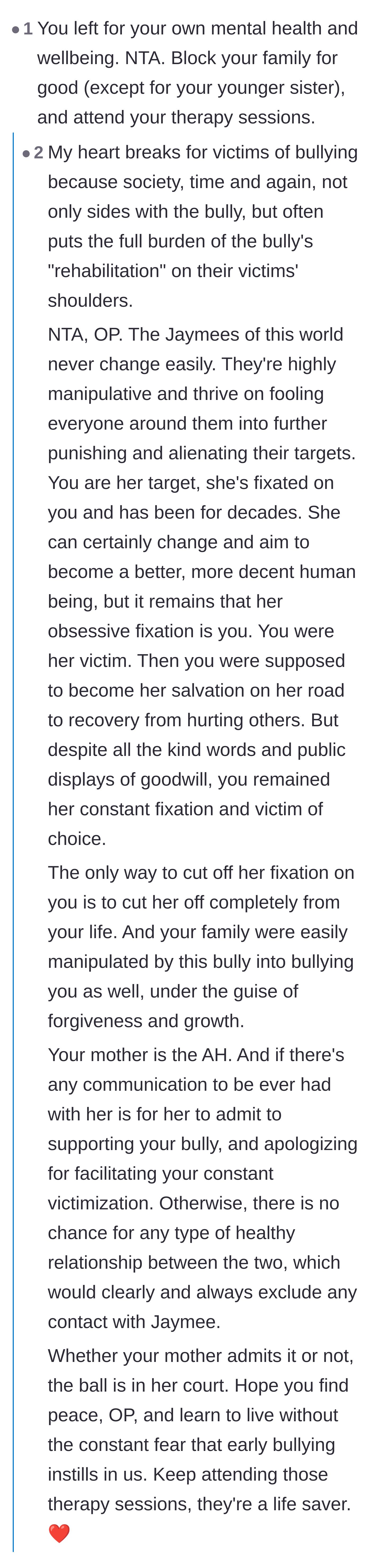Comment thread 1 - A profound analysis of how society forces victims to bear the emotional burden of their bully's rehabilitation.