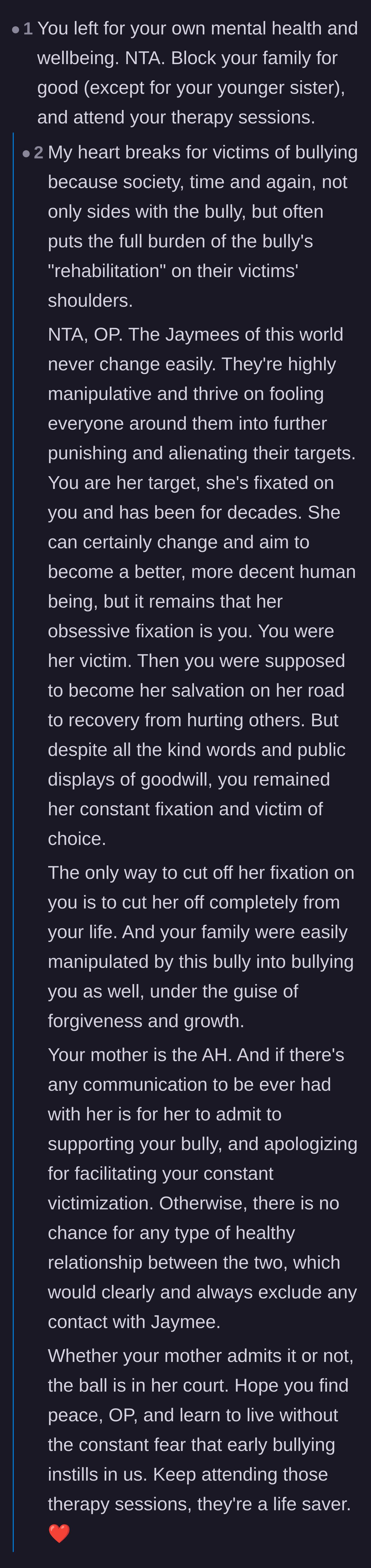 Comment thread 1 - A profound analysis of how society forces victims to bear the emotional burden of their bully's rehabilitation.