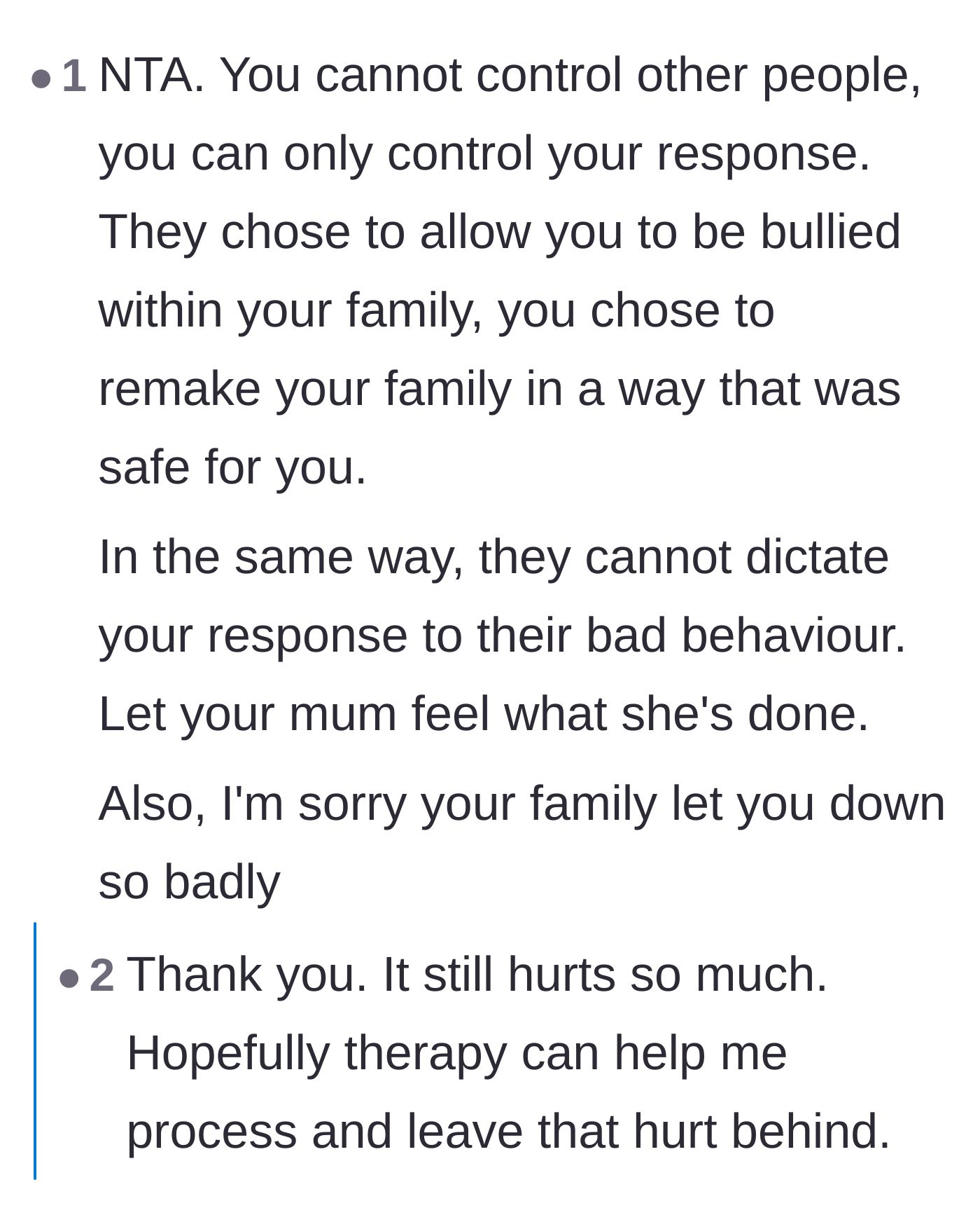 Comment thread 2 - A supportive message reminding the author she can only control her own response, alongside her vulnerable reply.