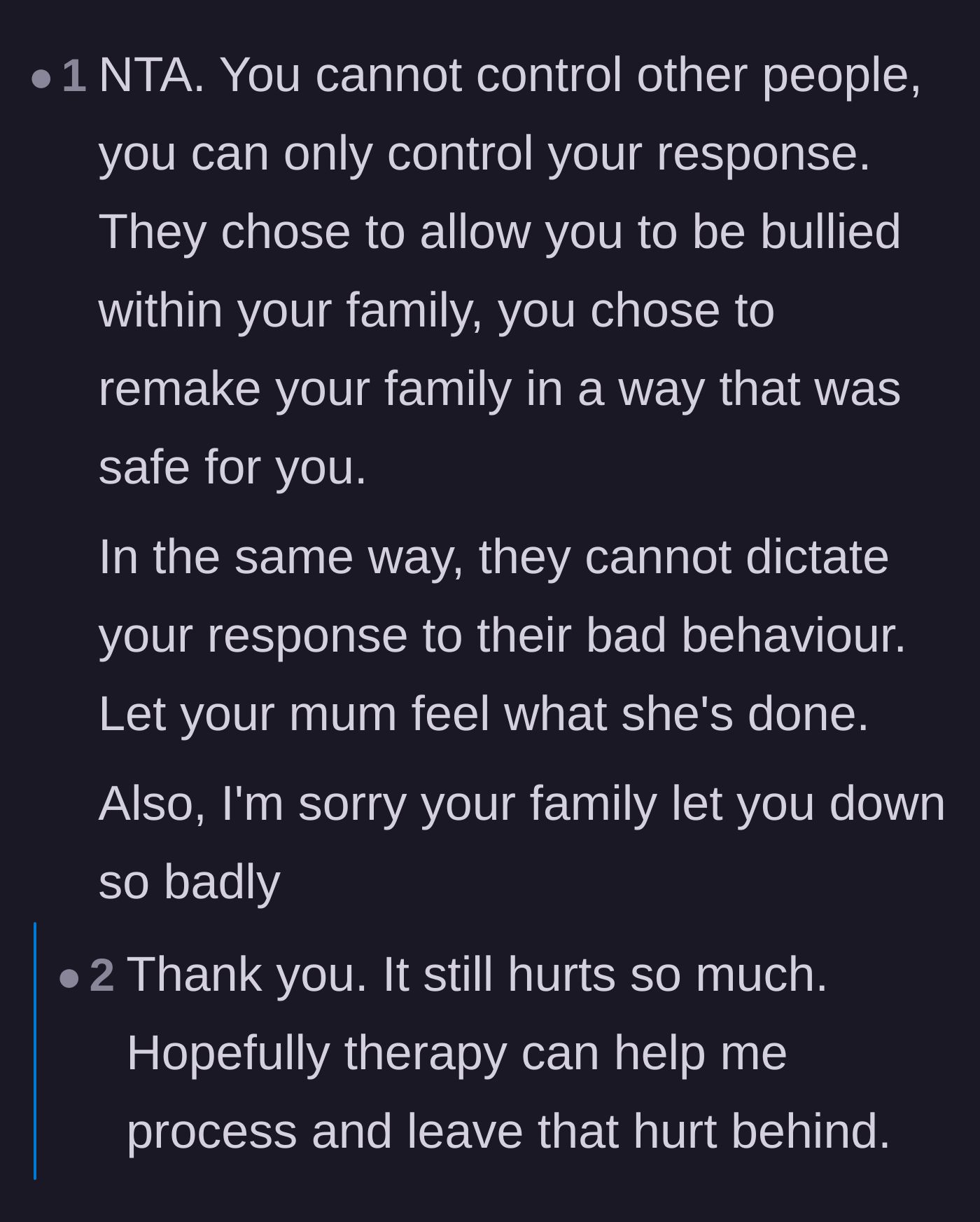 Comment thread 2 - A supportive message reminding the author she can only control her own response, alongside her vulnerable reply.