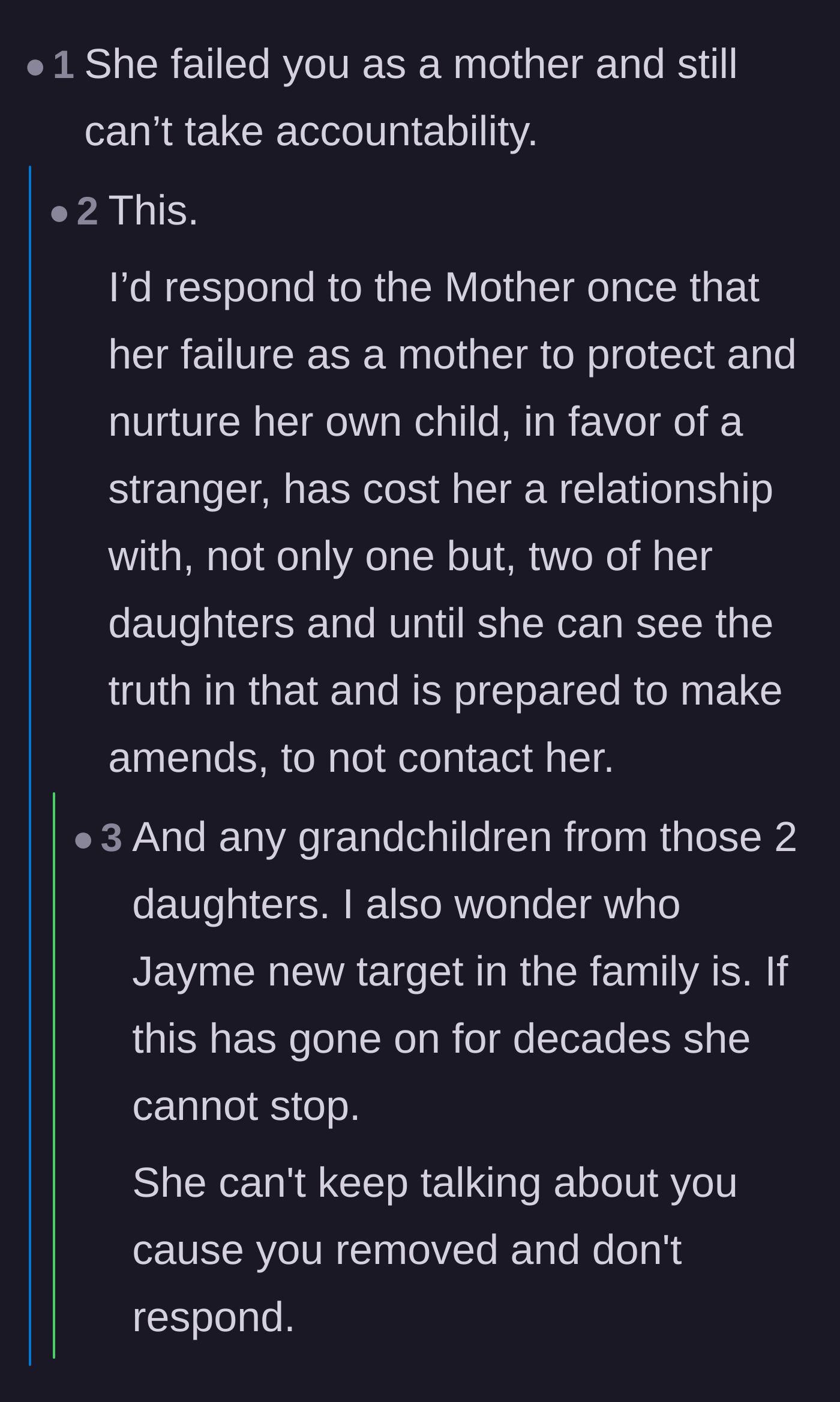 Comment thread 3 - Readers discussing the mother's ultimate failure to protect her child and the generational cost of her willful denial.