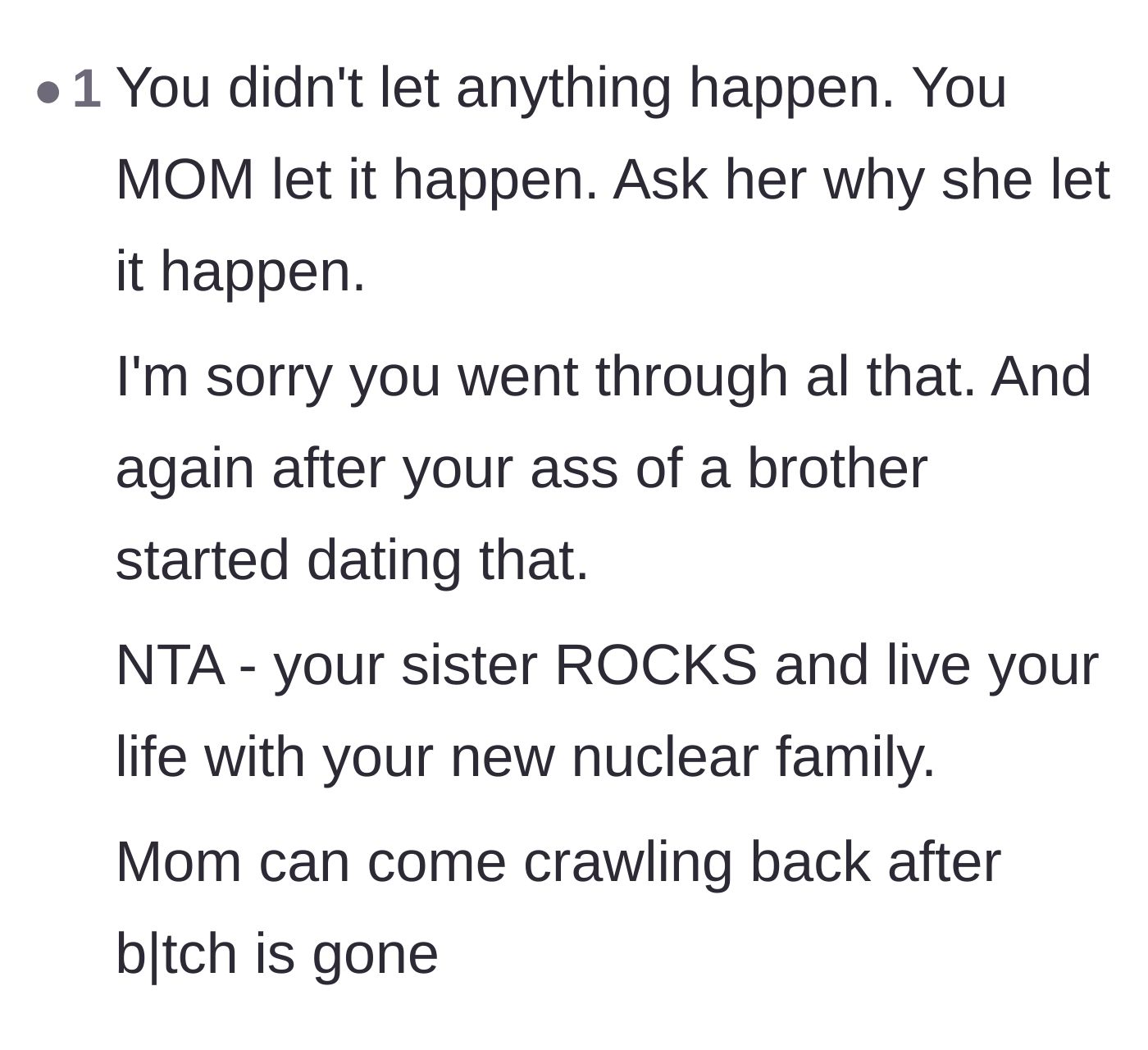 Comment thread 5 - Passionate defense redirecting the blame from the author directly to her mother for allowing the abuse to happen.