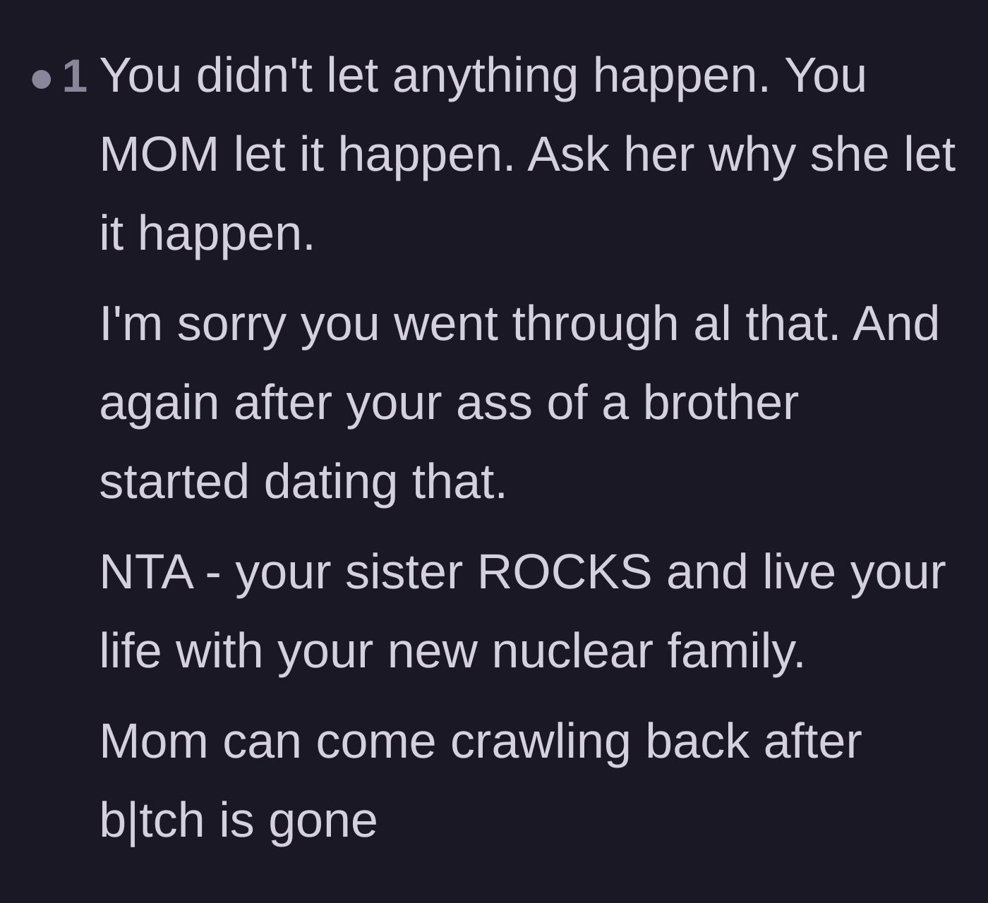 Comment thread 5 - Passionate defense redirecting the blame from the author directly to her mother for allowing the abuse to happen.